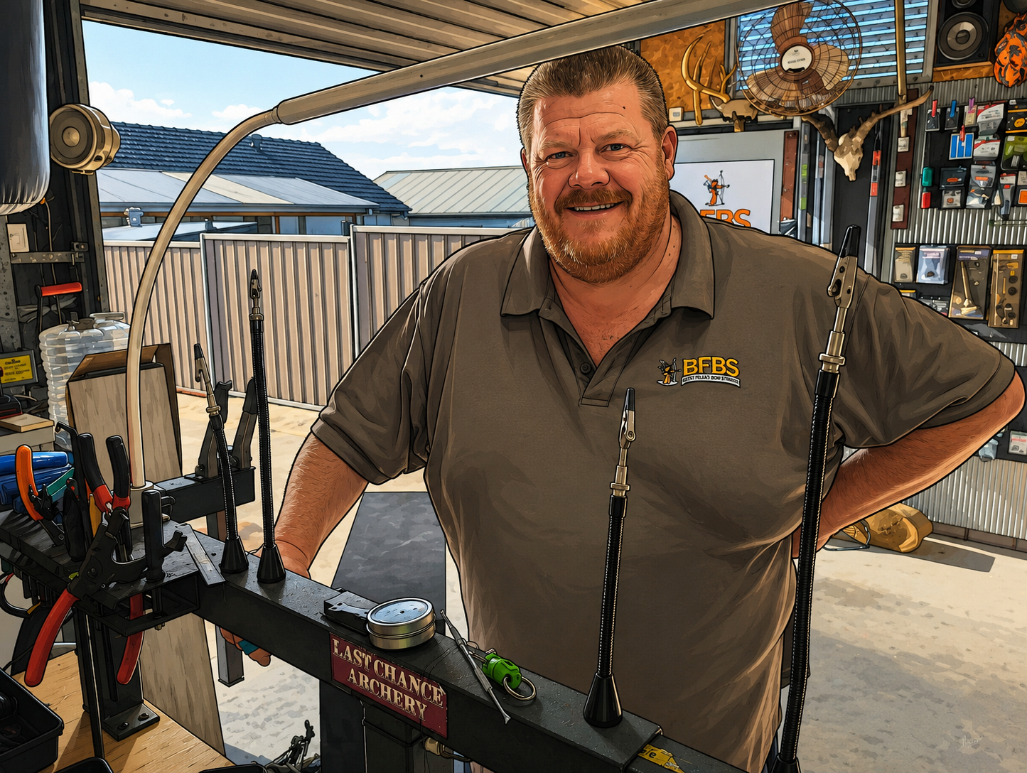 A man smiling inside a workshop or garage, wearing a grey polo shirt with a logo, standing behind a workbench with archery equipment including arrows and bows, with a partially open outdoor area and solar panels visible in the background.