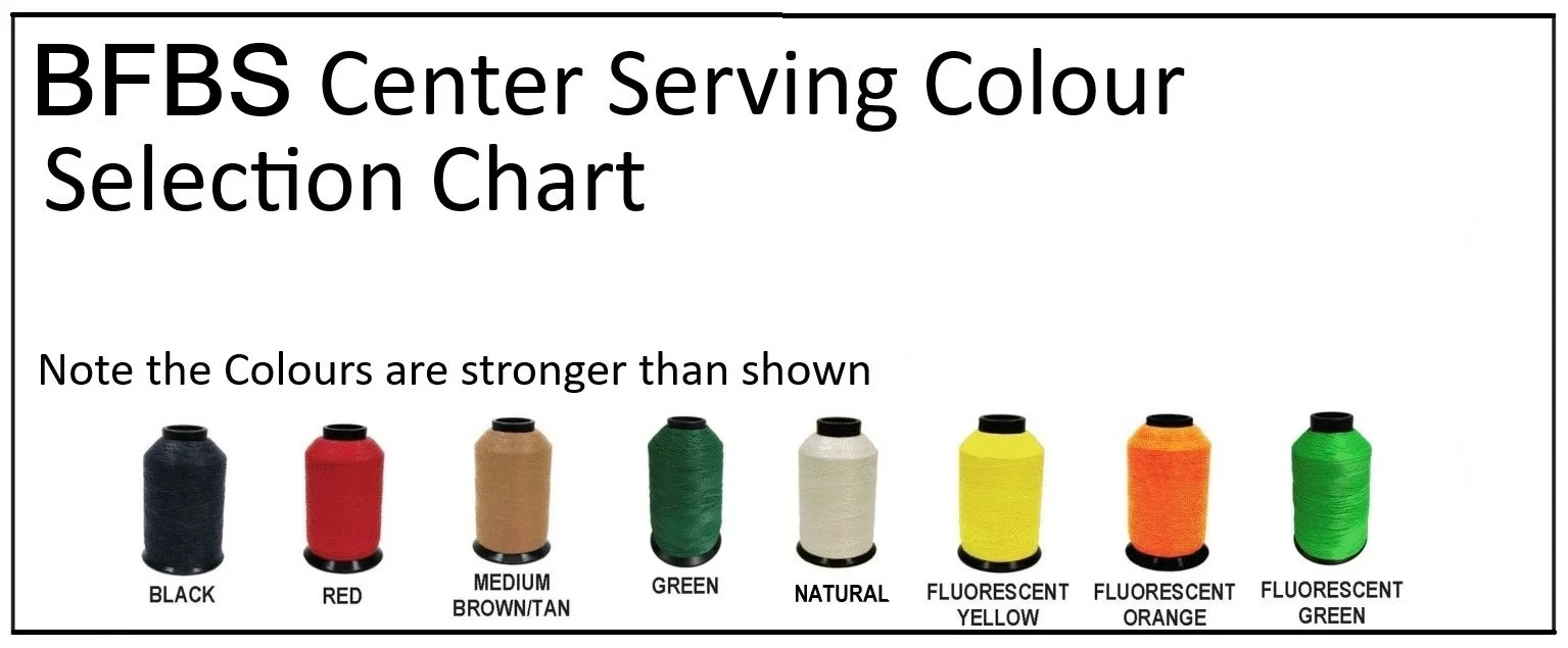 Chart showing different colors of thread or yarn, labeled as black, red, medium brown/tan, green, natural, fluorescent yellow, fluorescent orange, and fluorescent green, with a note that the colors are stronger than shown.