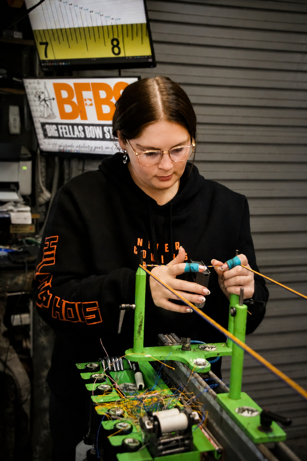 A woman working on a machine with orange wires, wearing glasses and a black hoodie with orange lettering, in a workshop setting.
