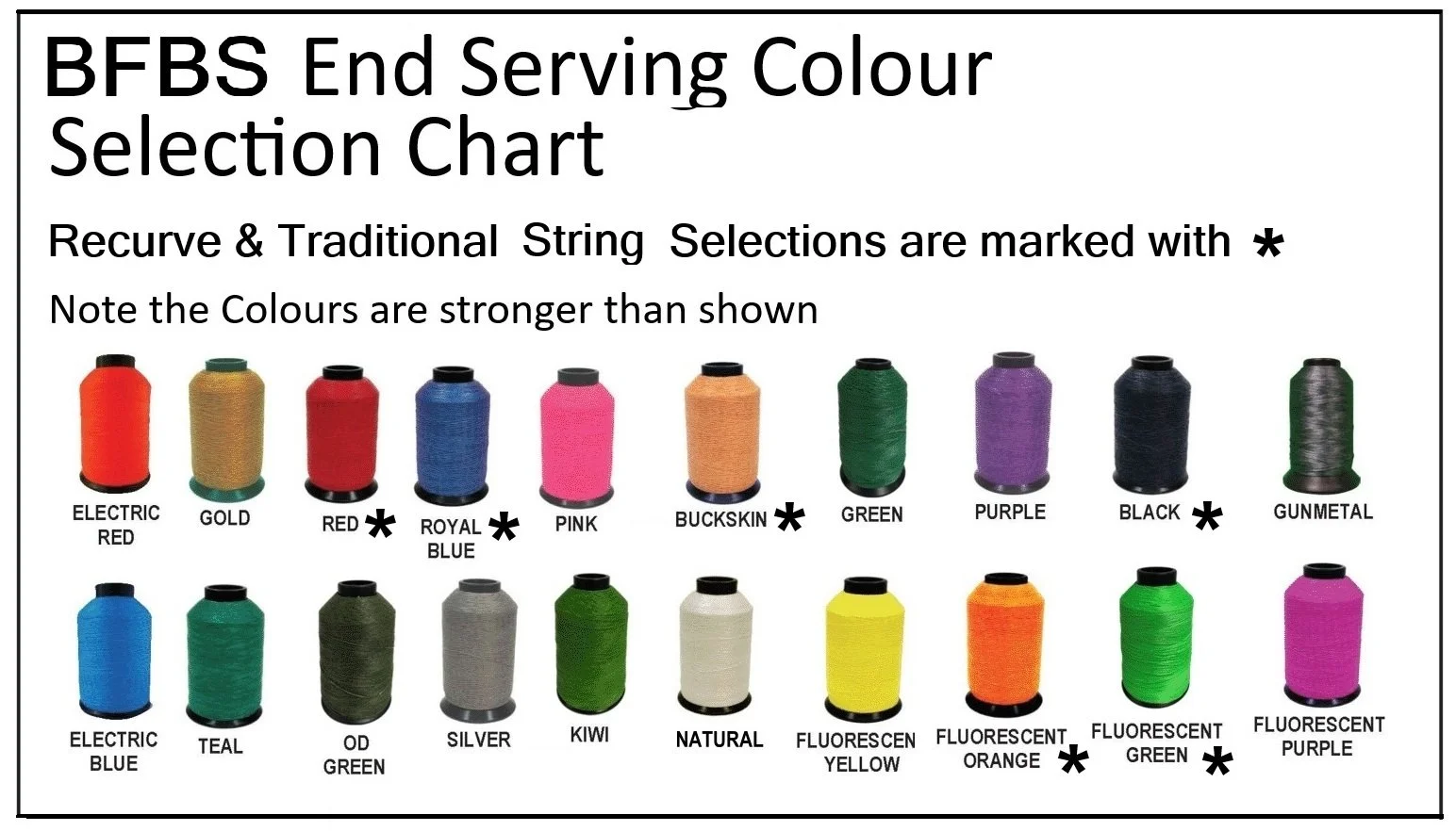 Chart showing selection of embroidery thread colors with marks indicating traditional string and recurve options. Colors include electric red, gold, red, royal blue, pink, buckskin, green, purple, black, gunmetal, electric blue, teal, olive green, silver, kiwi, natural, fluorescent yellow, fluorescent orange, fluorescent green, and fluorescent purple.