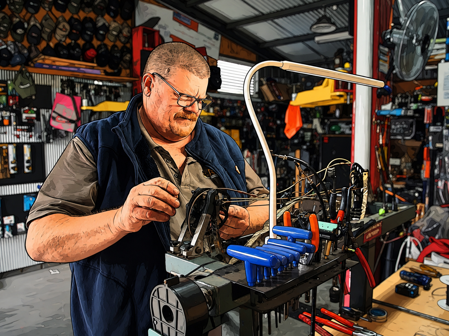 A man working on an electronic or mechanical device in a workshop filled with tools and equipment.