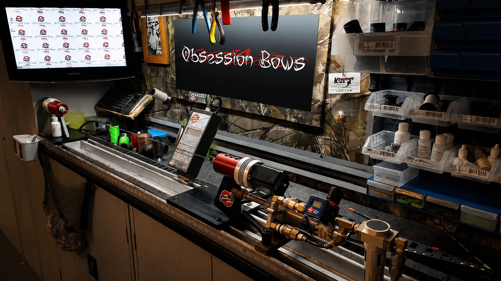 A shooting range setup with a firearm on a mechanical contraption, various spare parts and tools, a monitor displaying the logo 'Obsession Bows,' and organized storage with bottles and containers, all in a camouflage-themed environment.