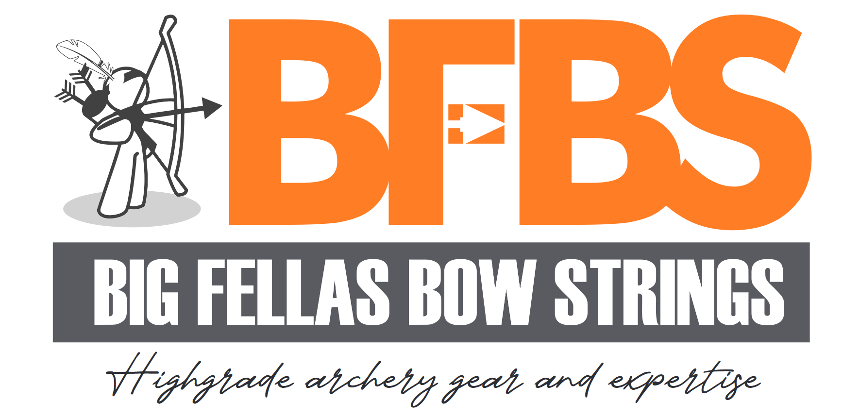 Logo for BFB Big Fellas Bow Strings featuring a cartoon archer aiming a bow, with text highlighting high-grade archery gear and expertise.