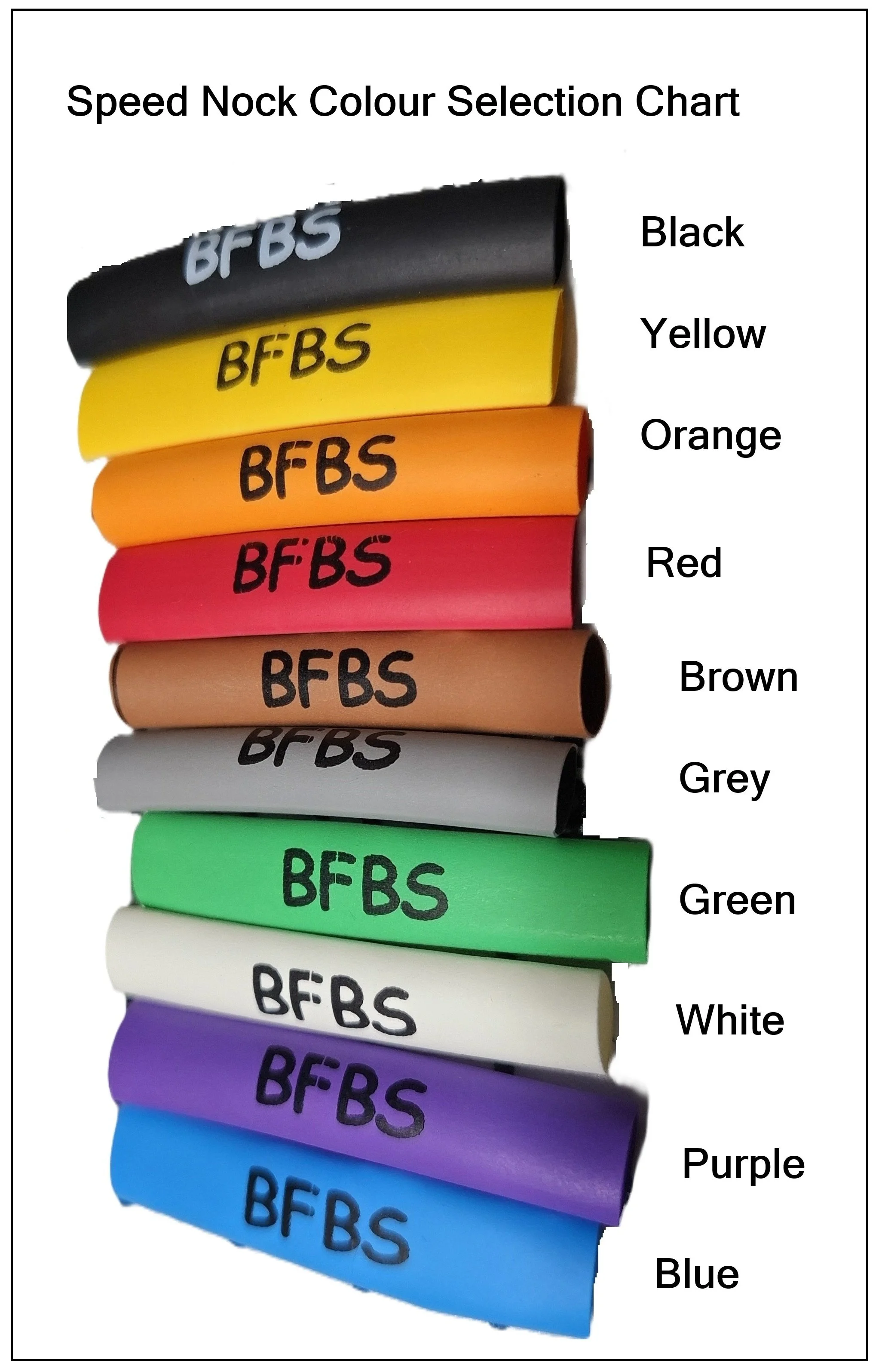 Colorful array of foam curling sticks in black, yellow, orange, red, brown, grey, green, white, purple, and blue, each labeled 'BFBS' and associated with their respective colors labeled on the right.