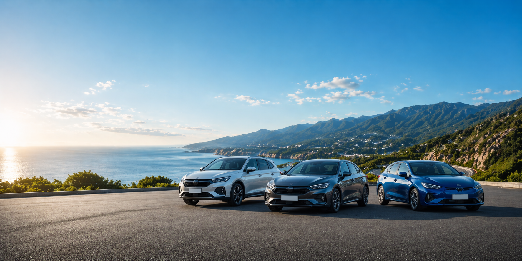 Three modern cars parked on an elevated road overlooking the ocean and mountains during sunset.