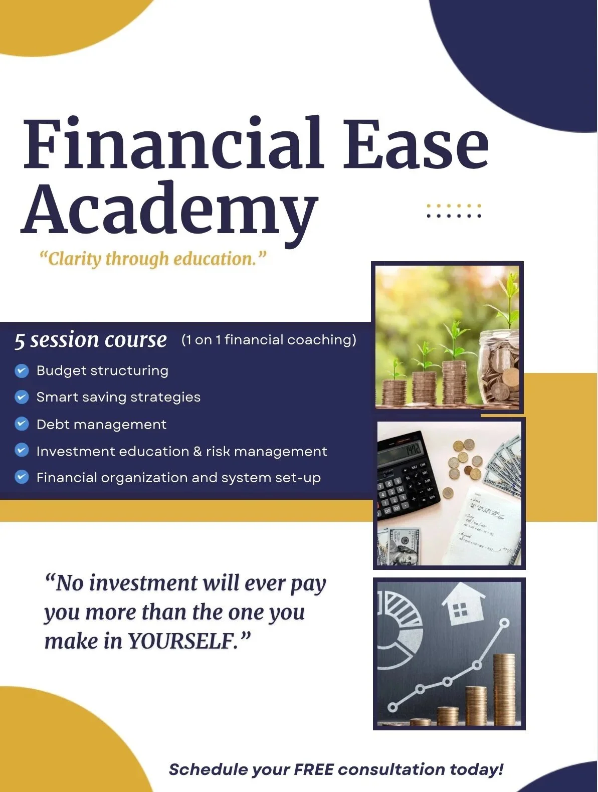Flyer for Financial Ease Academy advertising a 5-session course on budgeting, saving, debt management, investment, and financial system setup, with images of growing plants, coins, and financial charts.