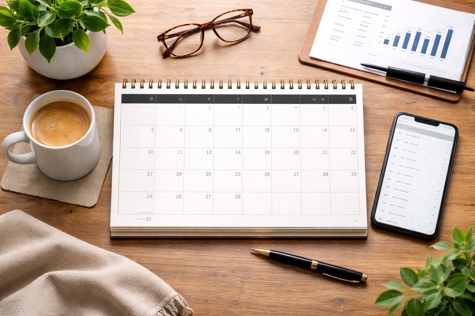 A desk with a calendar, a cup of coffee on a napkin, a pair of glasses, a smartphone, a pen, a potted plant, and a sheet of paper with charts and graphs.