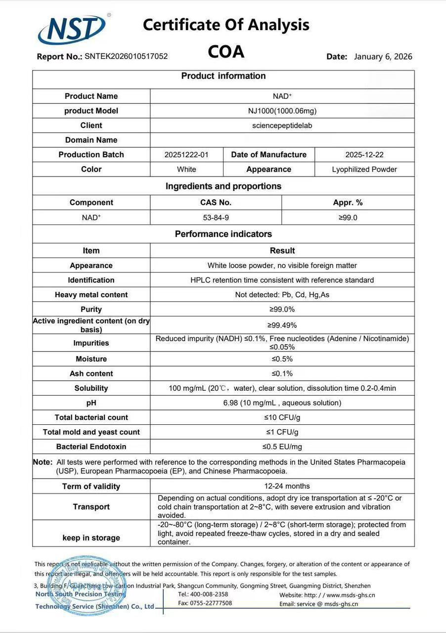 Certificate of Analysis for NAD+ supplement, with details about the product, ingredients, performance indicators, and storage instructions.