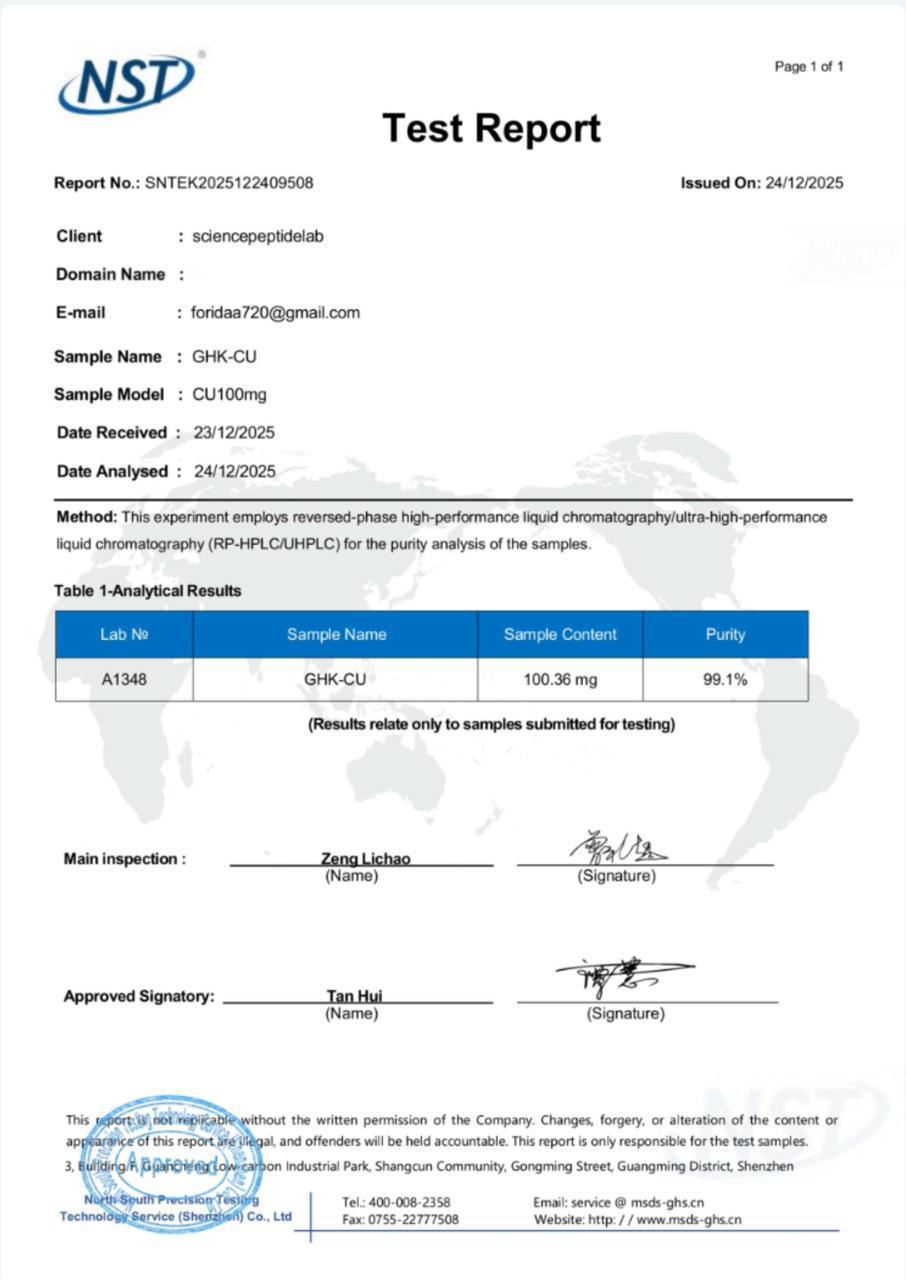 Test report document from NST for a sample named GHK-CU with a purity of 99.1%, issued on December 24, 2025, with details of the method and signatures of the inspectors.