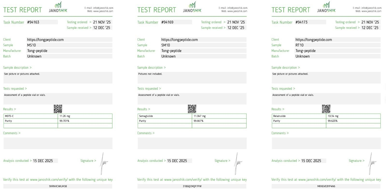Three laboratory test reports for peptide samples from https://tongpeptide.com, showing analysis results including purity and specific peptide measurements. Each report has a unique task number, date of analysis, and a QR code.