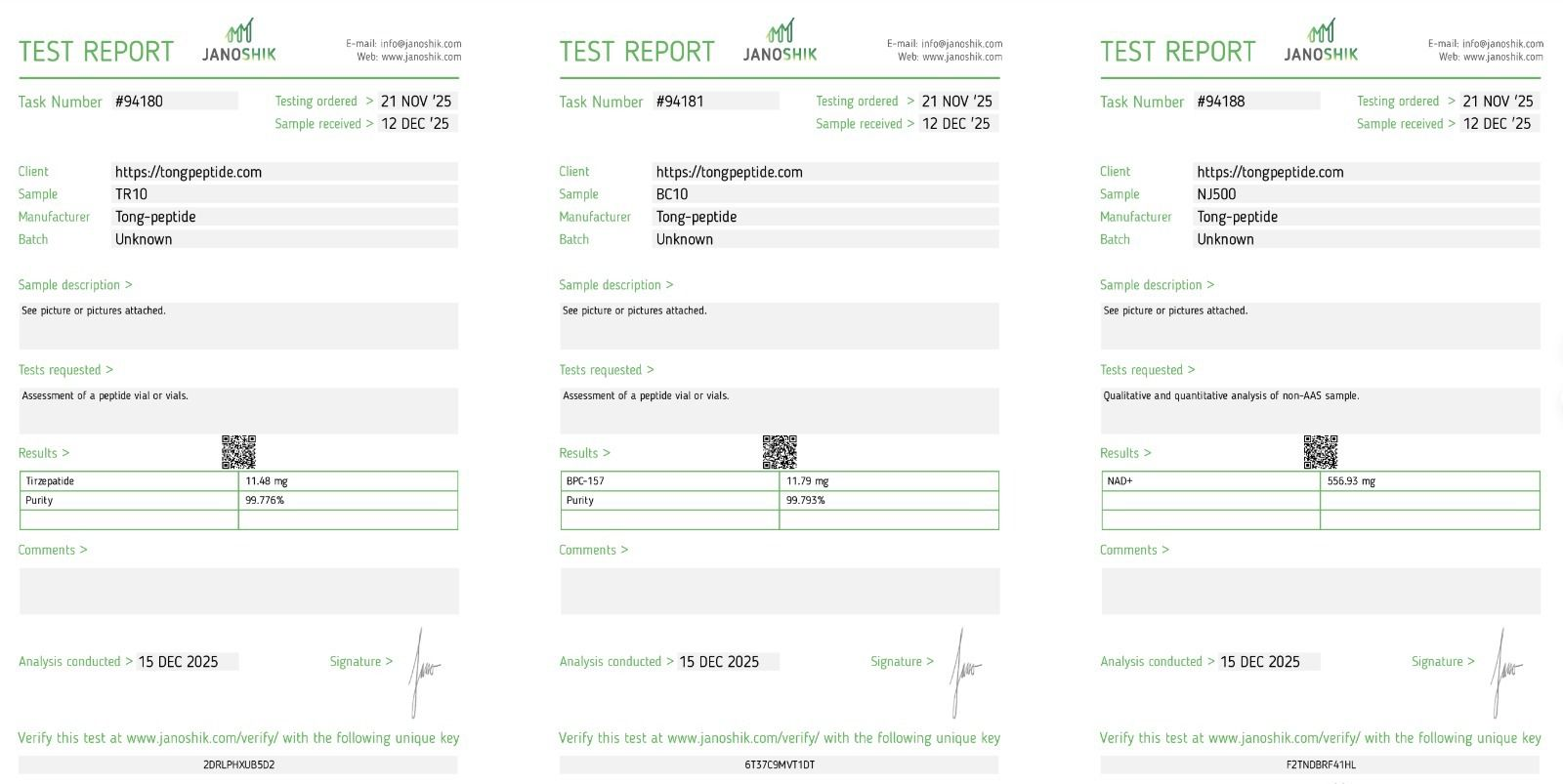 Three laboratory test reports with green headers, each showing a different sample and test results for peptides, including purity levels and compound identifiers, with signatures and verification keys at the bottom.