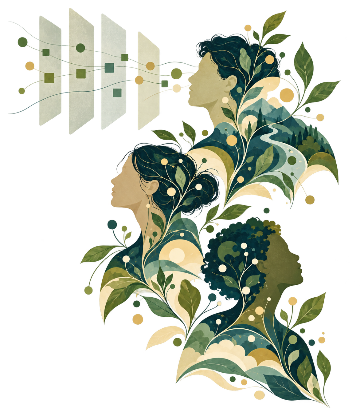 A digital illustration of two women with plants and leaves intertwined with their bodies, looking at a series of floating, abstract panels or screens.