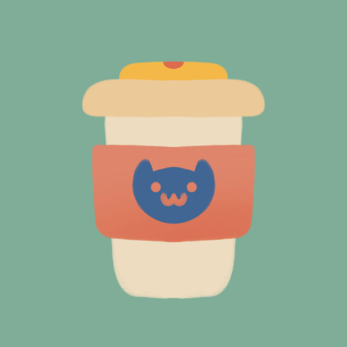 Stylized illustration of a to-go coffee cup with a bear face on the sleeve, set against a teal background.