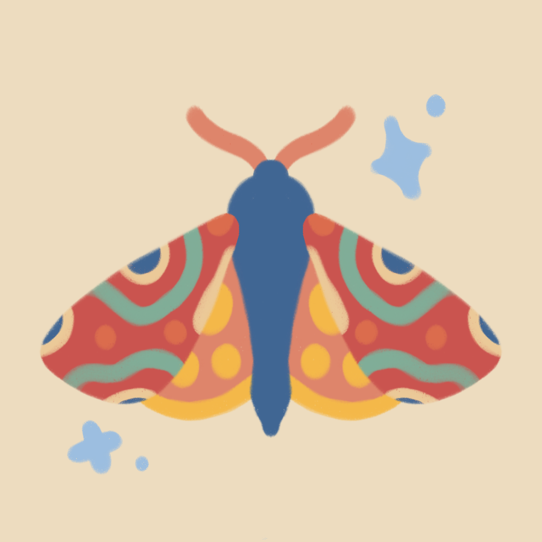 Colorful illustration of a moth with patterned wings and a blue body, on a beige background with small blue abstract shapes.