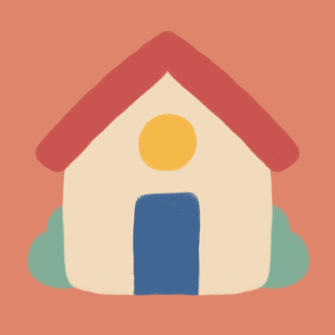 A simplistic, colorful illustration of a small house with a red roof, a yellow circular window, a blue door, and green bushes on each side, set against a peach background.