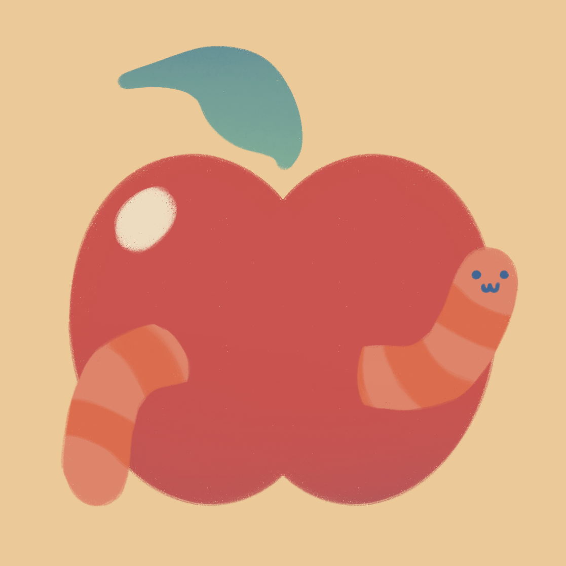 A digital drawing of a red cherry with two cartoon worms, one with a smiling face, on a beige background.
