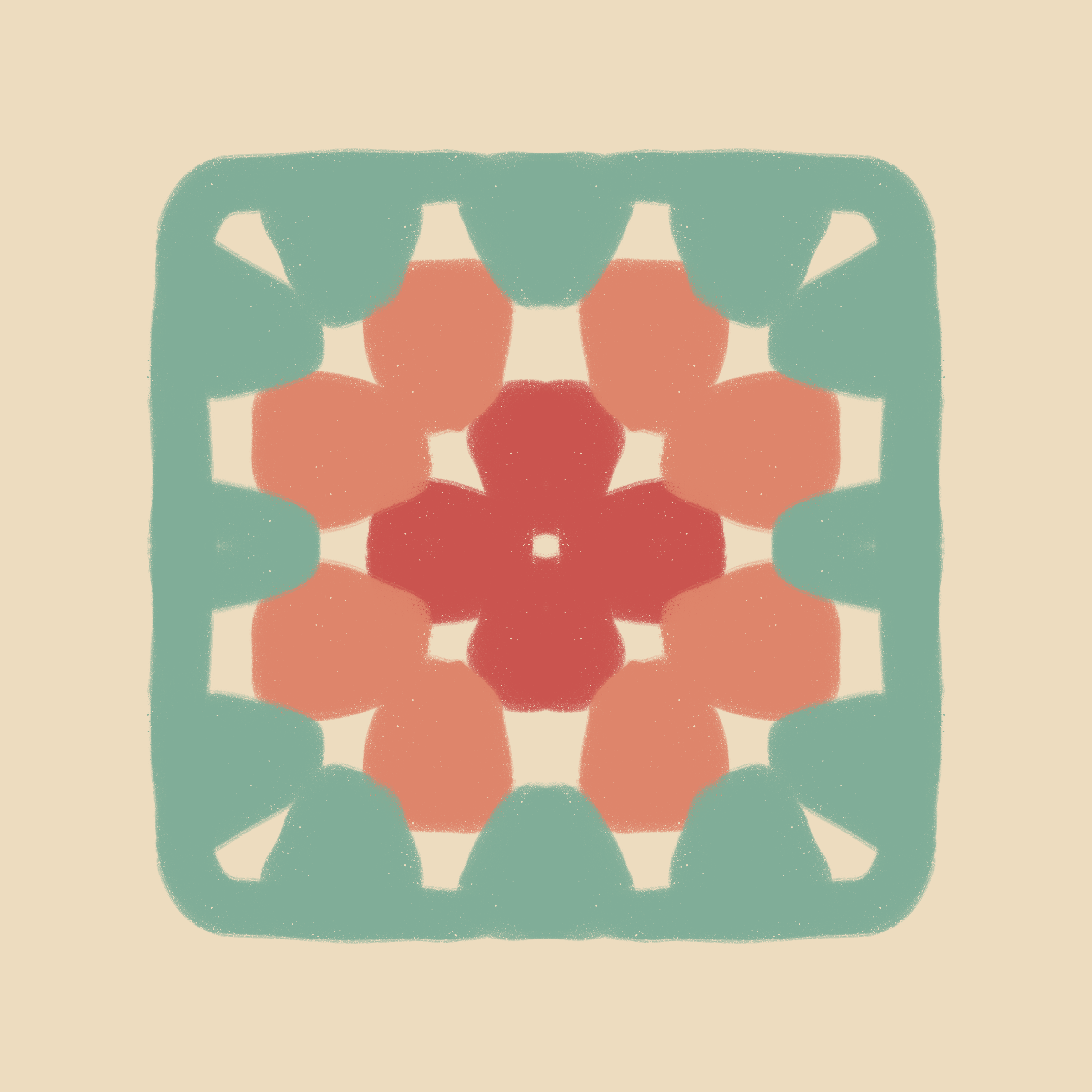 Abstract symmetrical pattern with circular shapes in shades of red, orange, and green on a beige background.