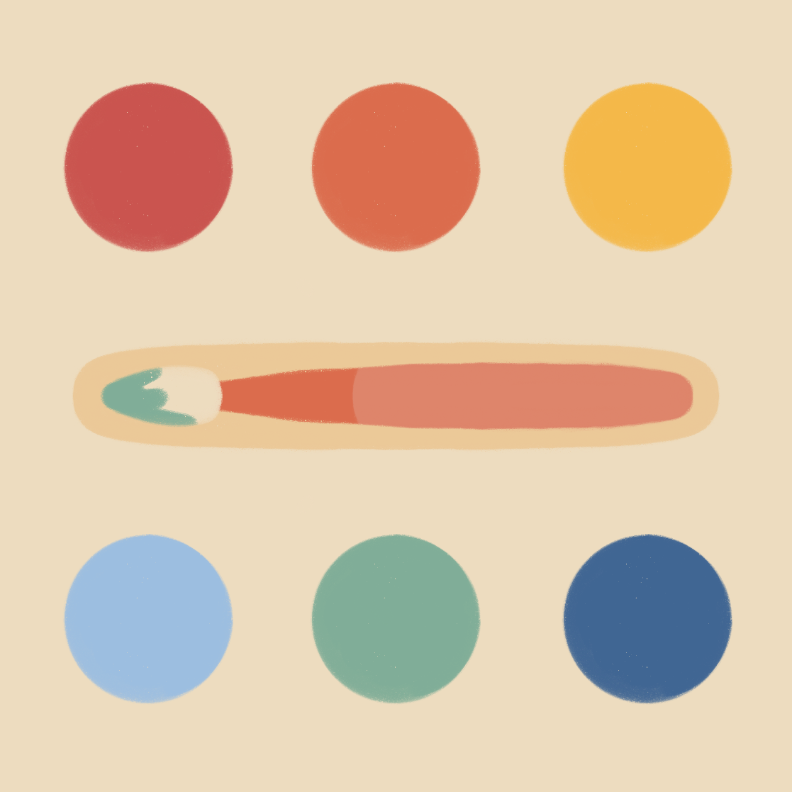 Color palette with six circles and a paintbrush with paint on it. Top row: red, orange, yellow; Bottom row: light blue, green, dark blue; in the middle, a paintbrush with a green tip and red handle.