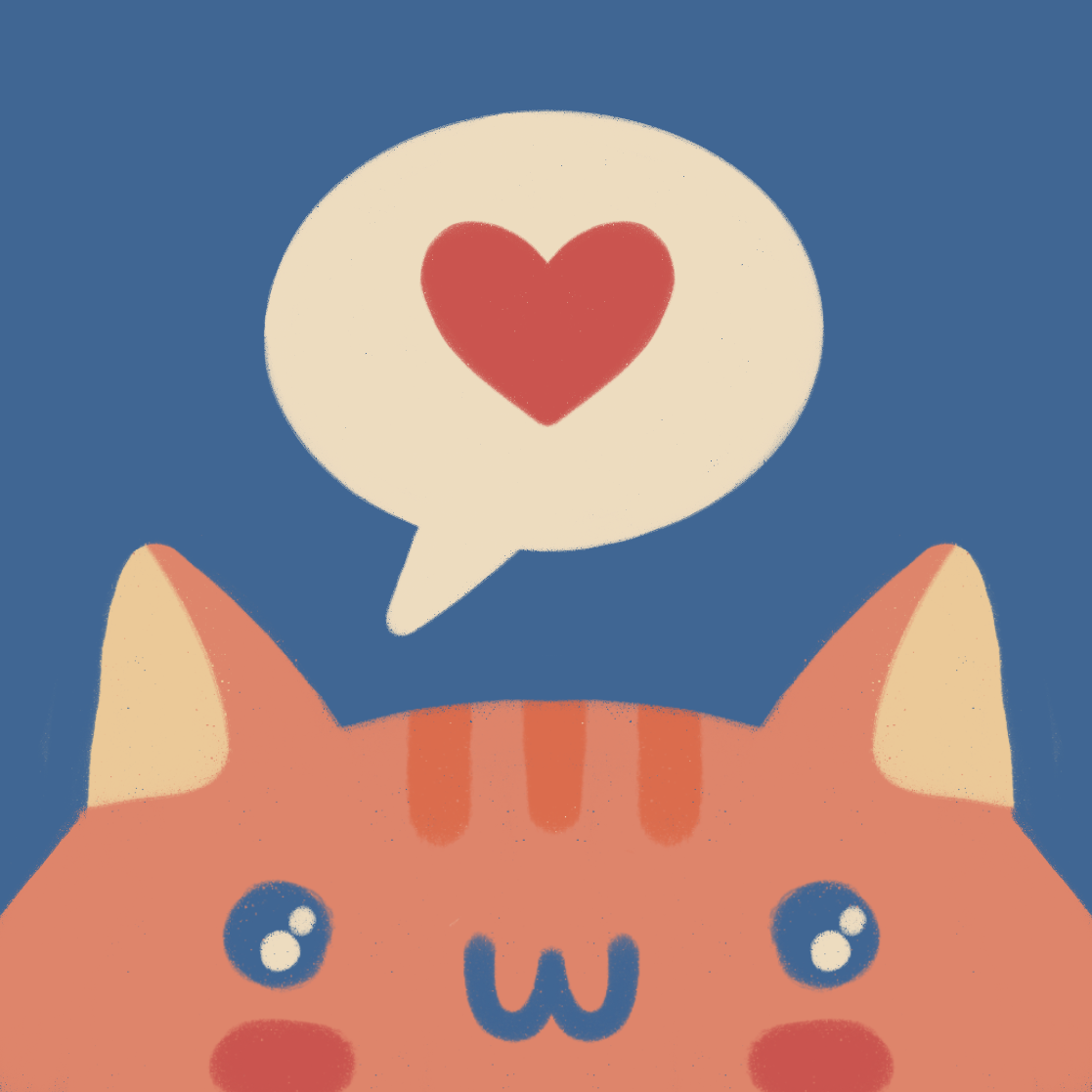 Cute cartoon cat with large blue eyes and pink cheeks, with a speech bubble containing a red heart inside.
