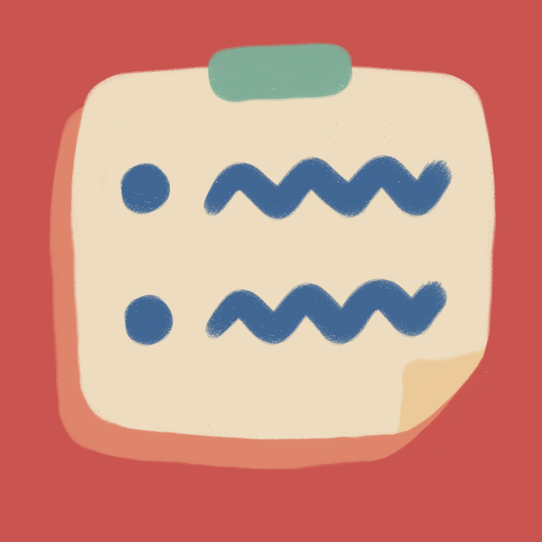 Abstract drawing of a face with two blue dots for eyes and two blue zigzag lines for a mouth on a sail-shaped background with a red border.