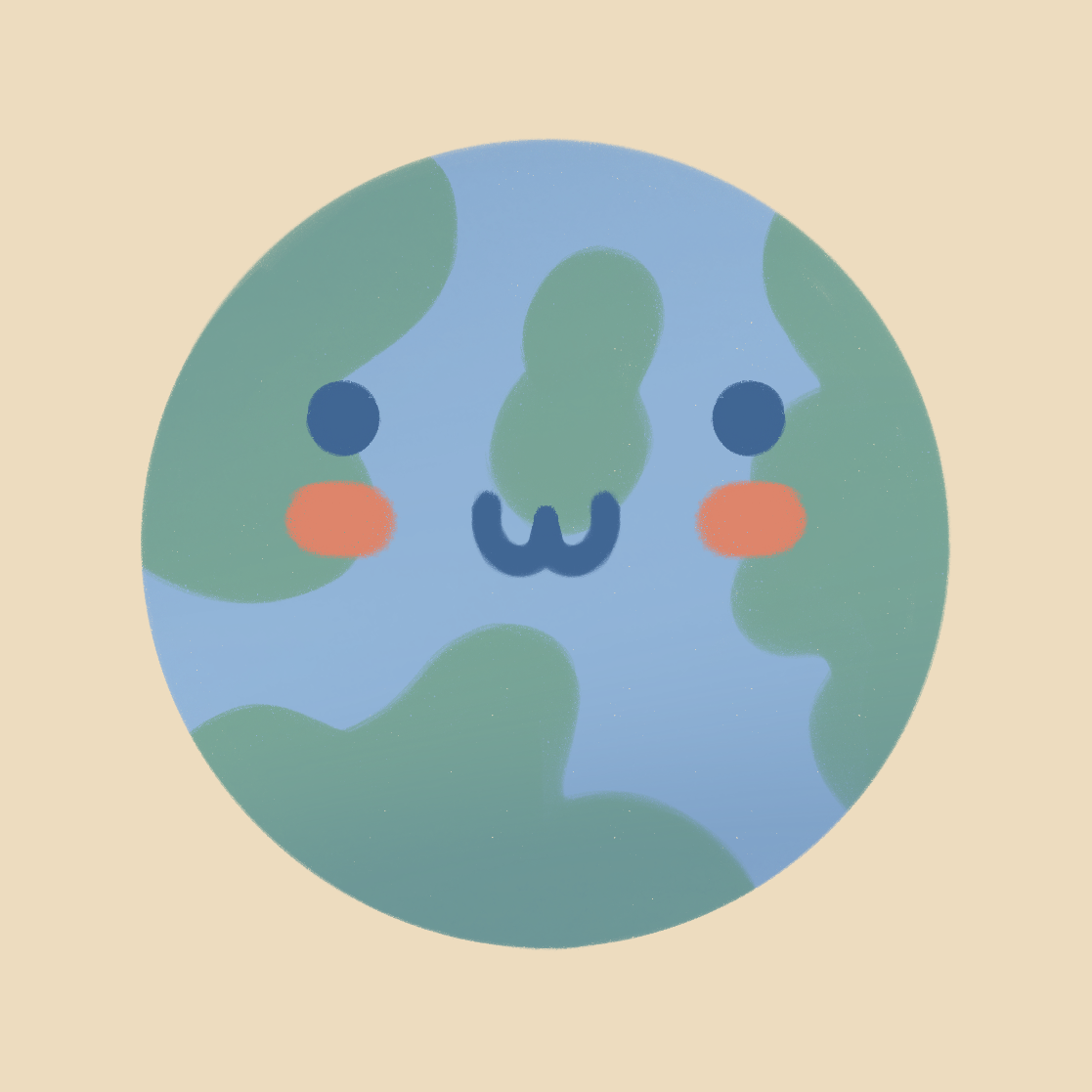 Cute animated depiction of the Earth with a smiling face, blushing cheeks, and cartoonish features on a beige background.
