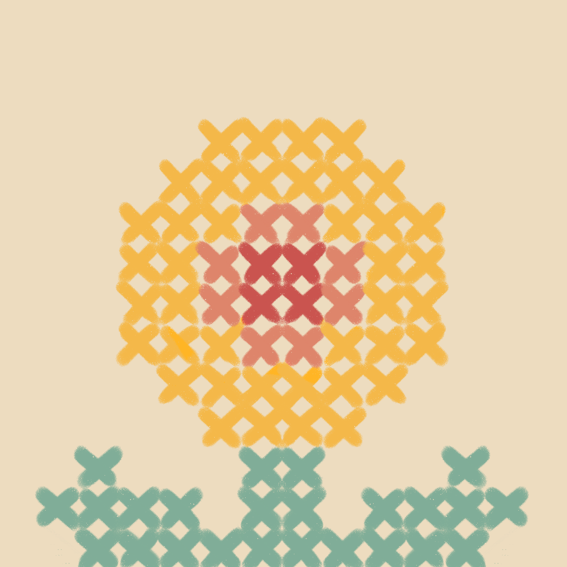 Digital cross-stitch pattern of a tulip flower with orange petals and green leaves on a beige background.