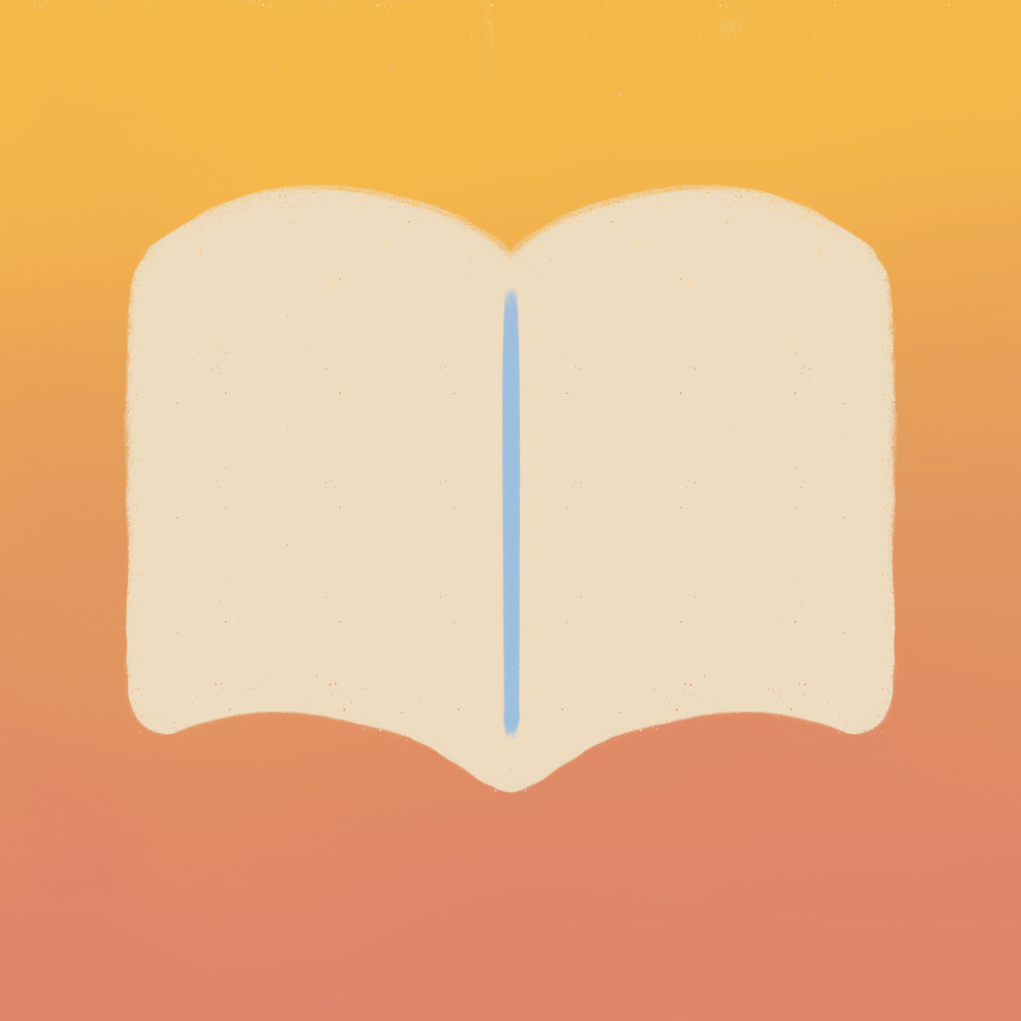 Illustration of an open book with a vertical blue line in the center on an orange and yellow gradient background.