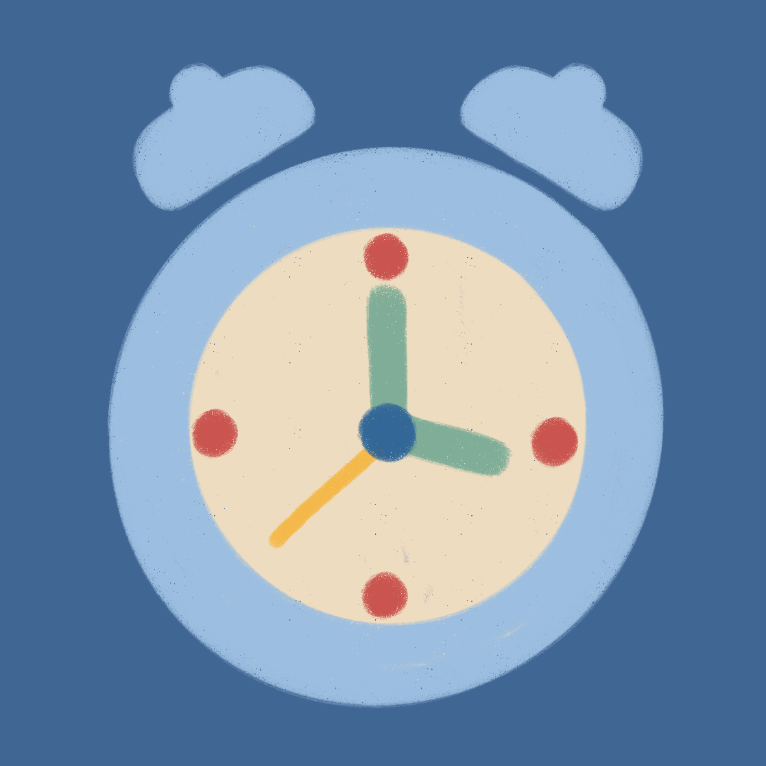 A colorful, illustrated alarm clock with a blue body, two bells on top, and a beige face. The clock shows the time as 3:00 with green hour and minute hands and an orange second hand.