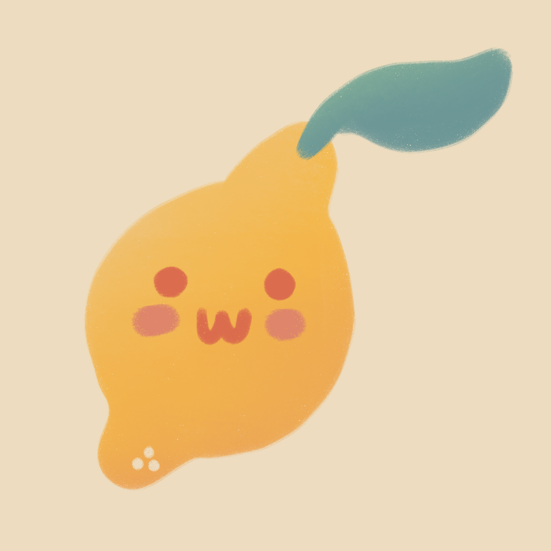 Cute illustrated orange with a happy face, blushing cheeks, and a green leaf on top.
