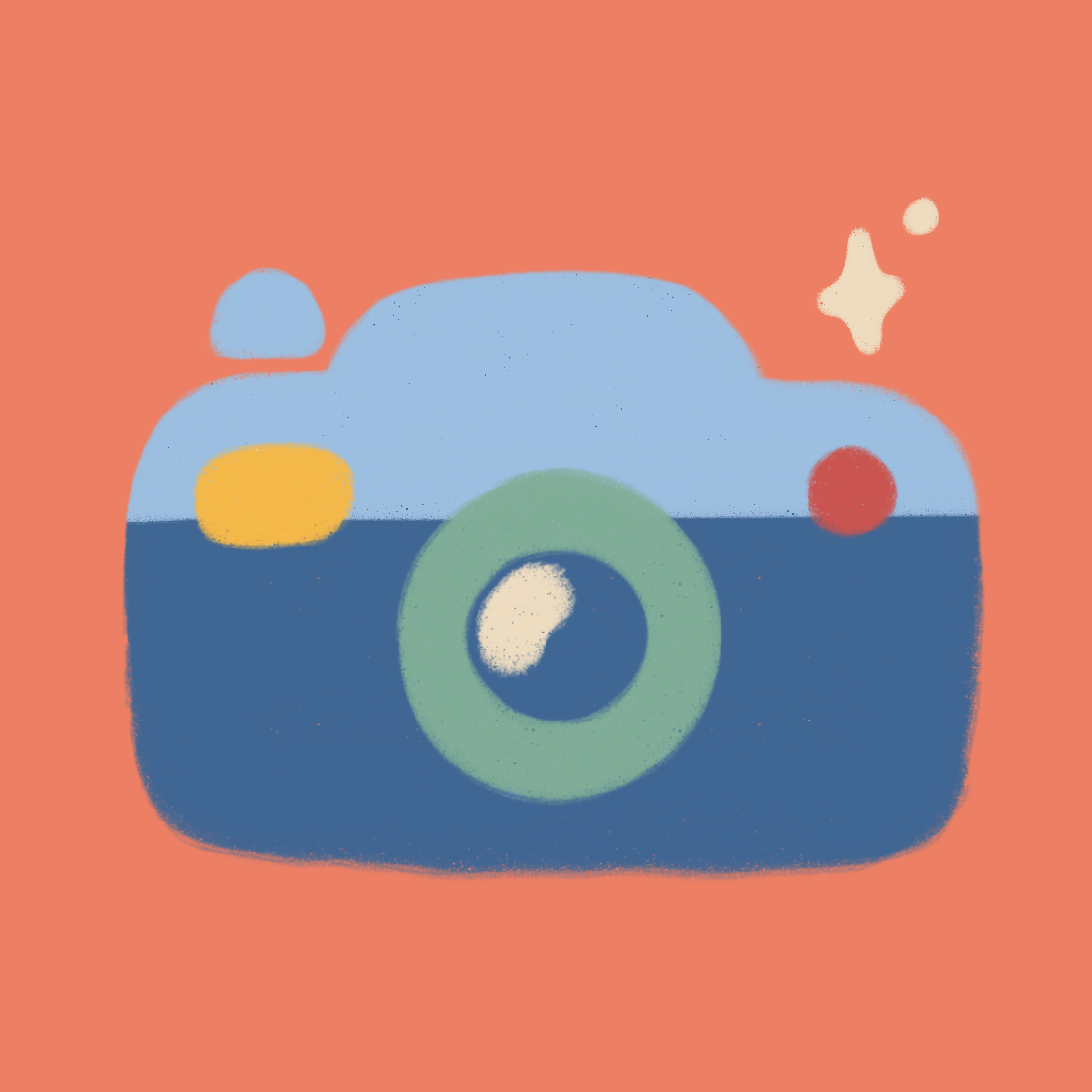 Illustration of a camera with a blue body, yellow and red buttons, a green lens, and a coral background.