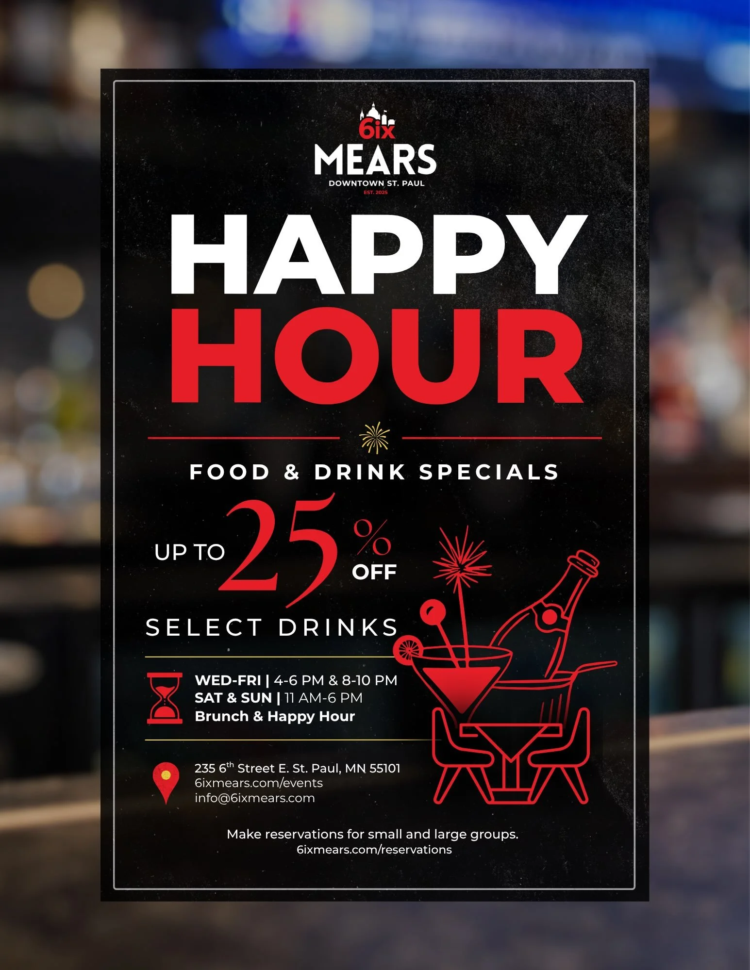 Wednesday at 6ix Mears is more than wings.

Join us today, September 9, for dinner, appetizers, handheld sandwiches and entr&eacute;es&mdash;including our blackened catfish meal. Then stay for Wings Wednesday, happy hour specials and karaoke.

Wednes