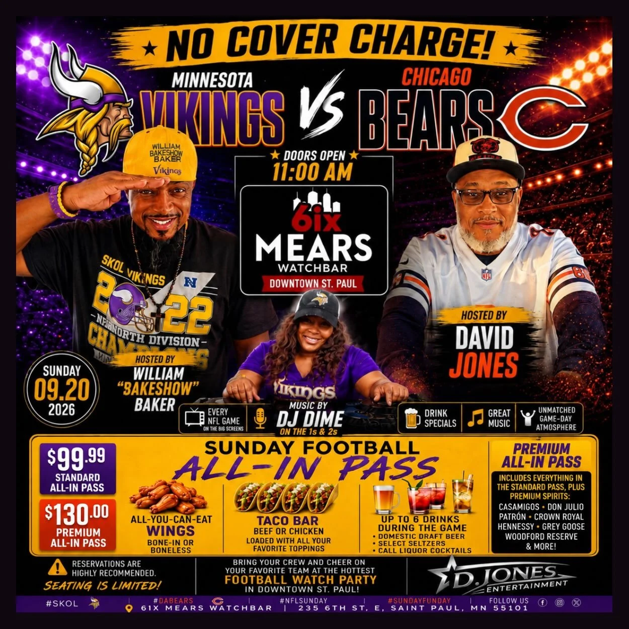 Join us tomorrow for the Vikings vs. Bears watch party at 6ix Mears. Doors open at 11 AM, kickoff is at noon, and walk-ins will be welcomed as space allows.

We&rsquo;ll be serving brunch, along with our Sunday Football All-In Pass options:

$99.99 S