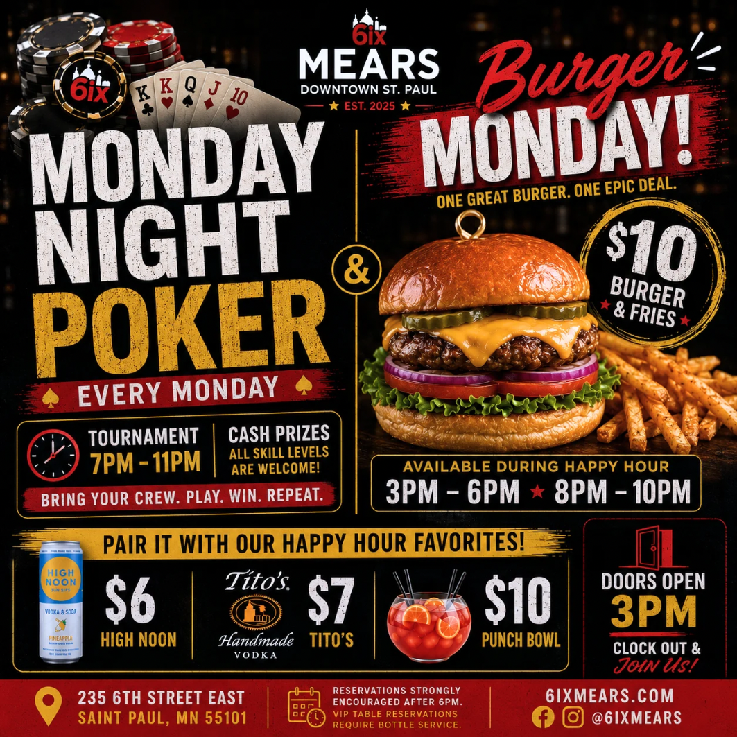 cheeseburger special and monday night poker flyer