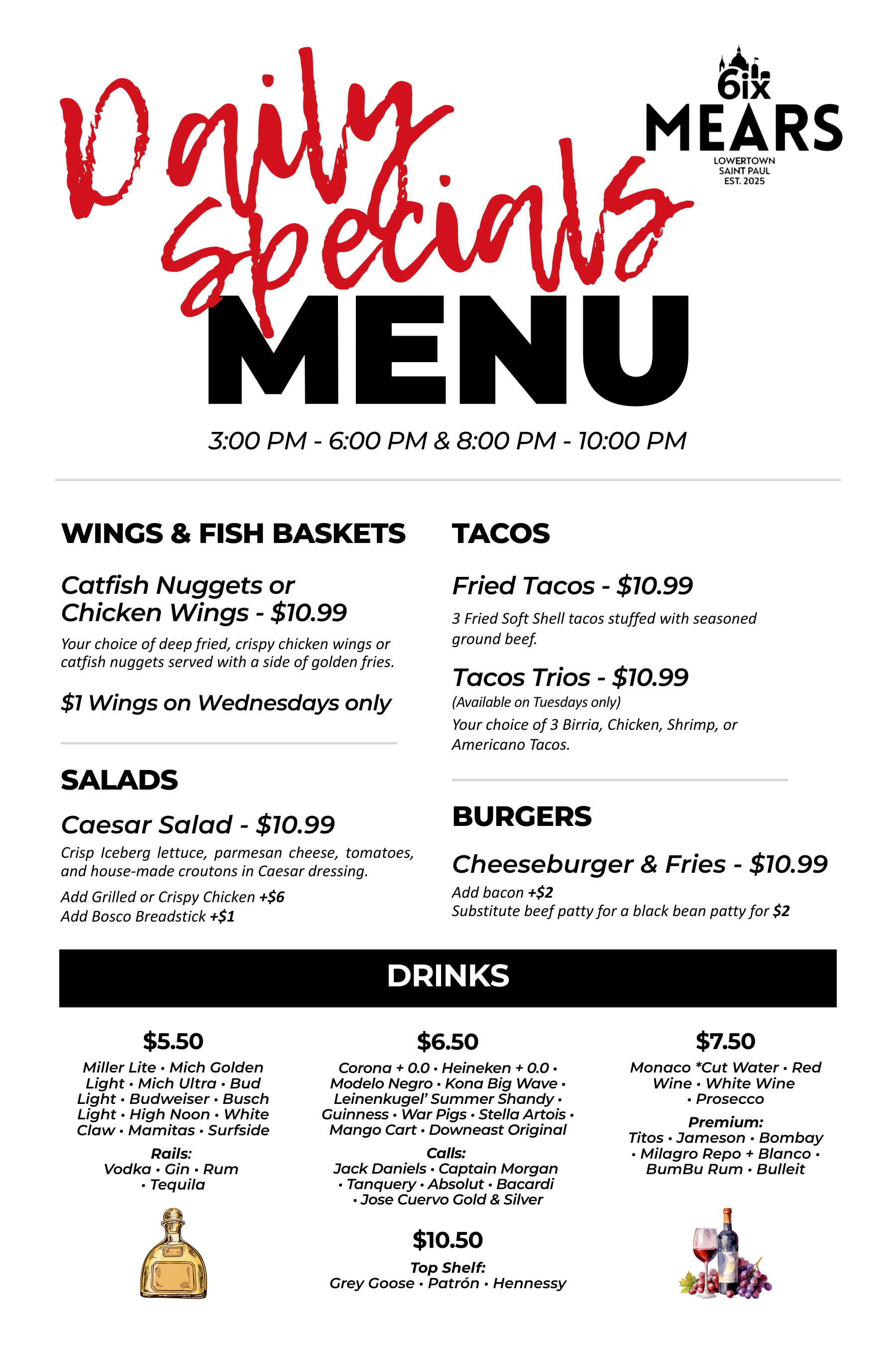 6ix mears daily specials menu