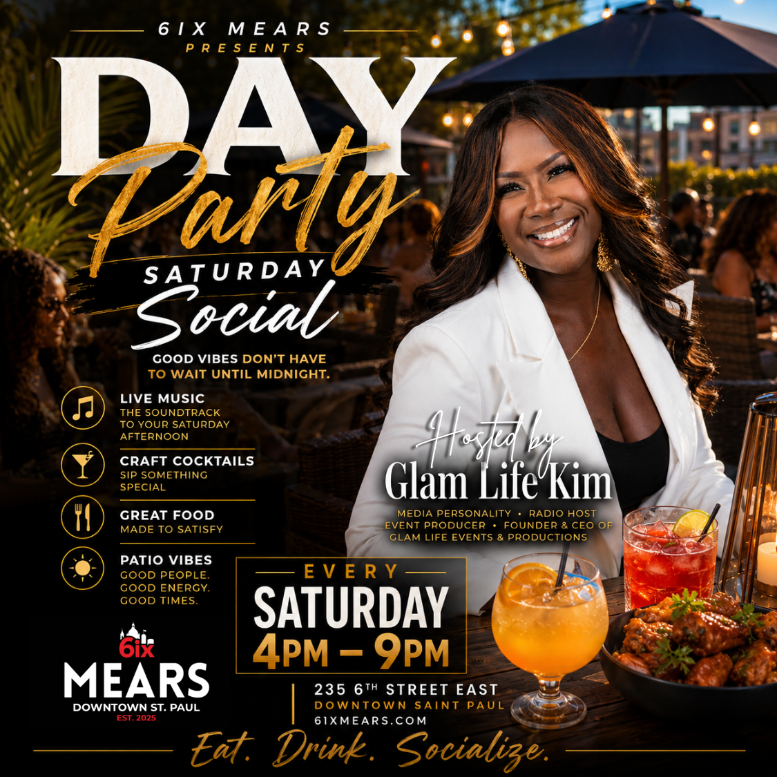 Saturday social flyer featuring glamlife kim