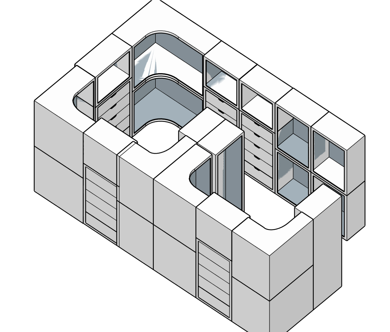 Isometric drawing of a modern kitchen with built-in cabinets, glass doors, and countertops, featuring corner storage and multiple drawers.