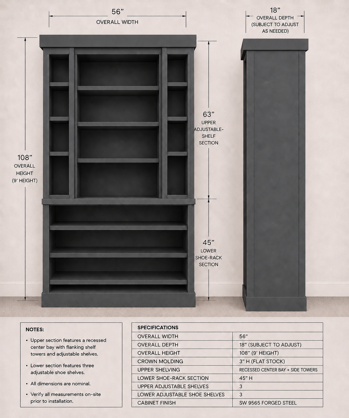 A detailed diagram of a custom-built wooden cabinet showing its measurements, sections, and specifications, including overall dimensions, shelf heights, and finish details.