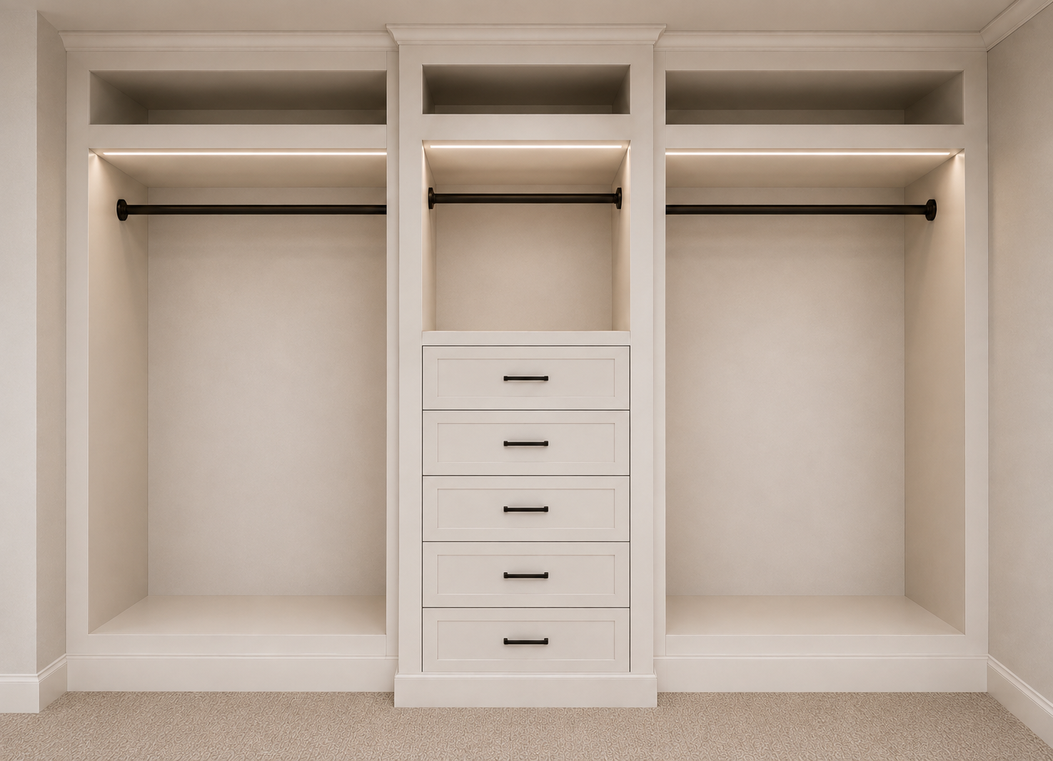 Empty white closet with open shelves, drawers, and black handles.