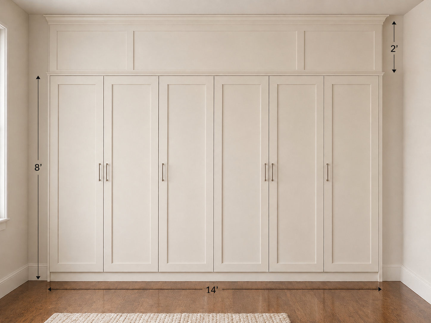 Built-in white closet with six doors, measuring 8 feet tall and 14 feet wide, with vertical and horizontal molding details, in a room with hardwood floors and a white rug.