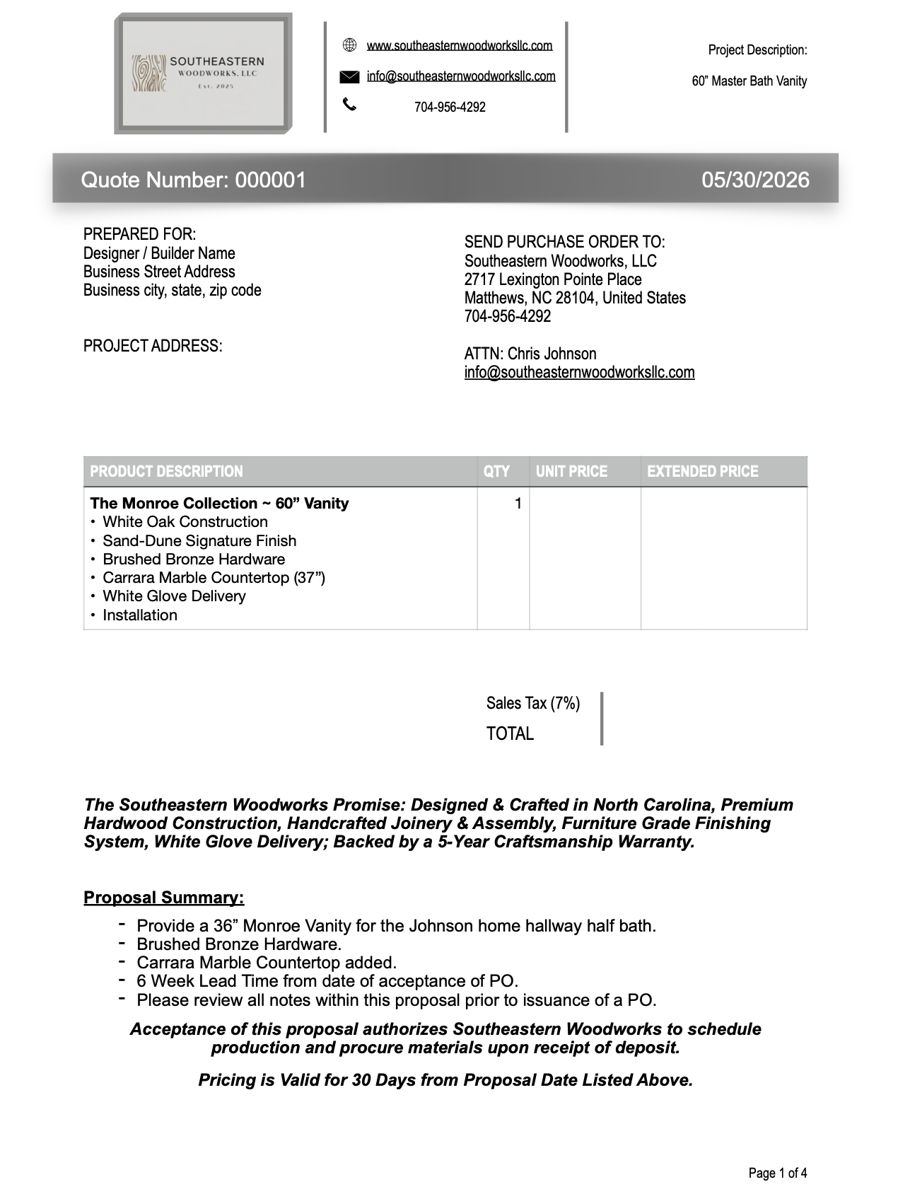 Proposal document for a custom bathroom vanity from Southeastern Woodworks, LLC, including project details, product description, pricing, and terms.