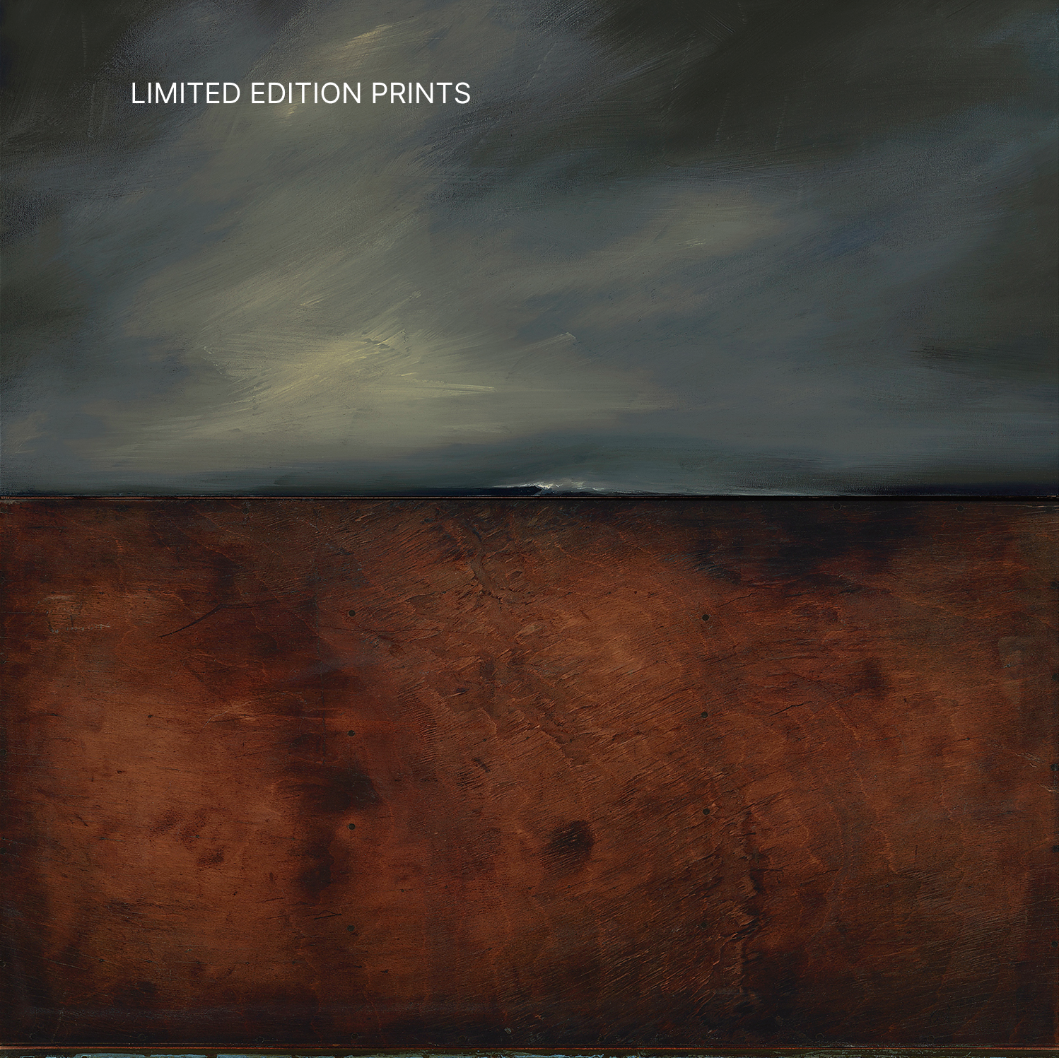 A painting of a dark stormy sky with a wooden surface in the foreground, with the text "Limited Edition Prints" in the upper left corner.