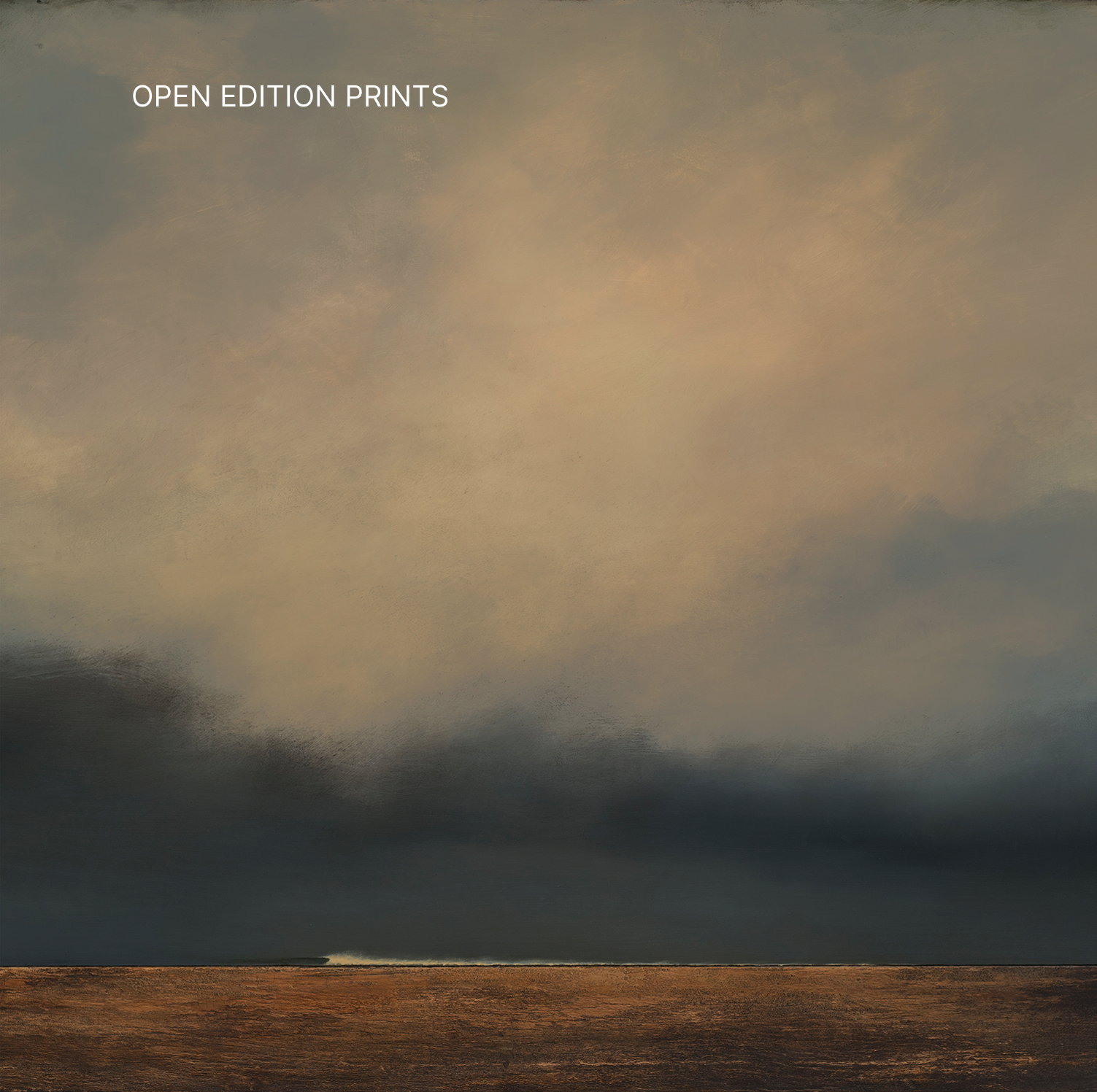A painting of a cloudy sky over a dark body of water and a wooden dock, with a text overlay reading 'OPEN EDITION PRINTS'.