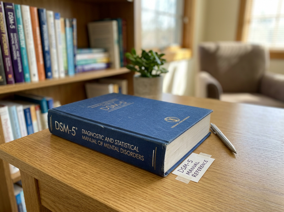 DSM-5 Diagnostic and Statistical Manual of Mental Disorders in a therapist’s office, representing professional mental health assessment, diagnosis, and evidence-based counseling.
