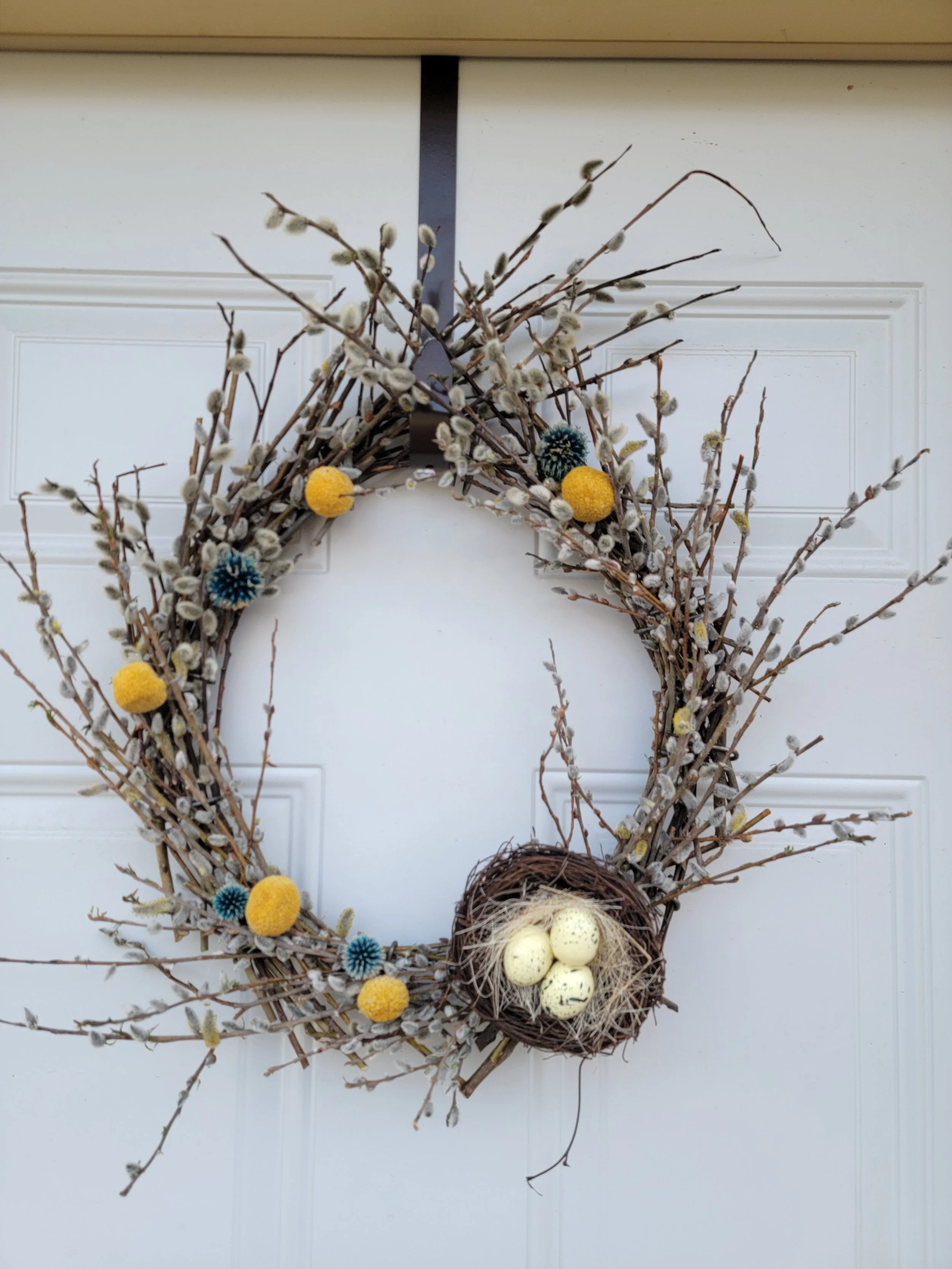 Spring Wreath with Pussy Willow, Sea Holly, Yellow Crespedia