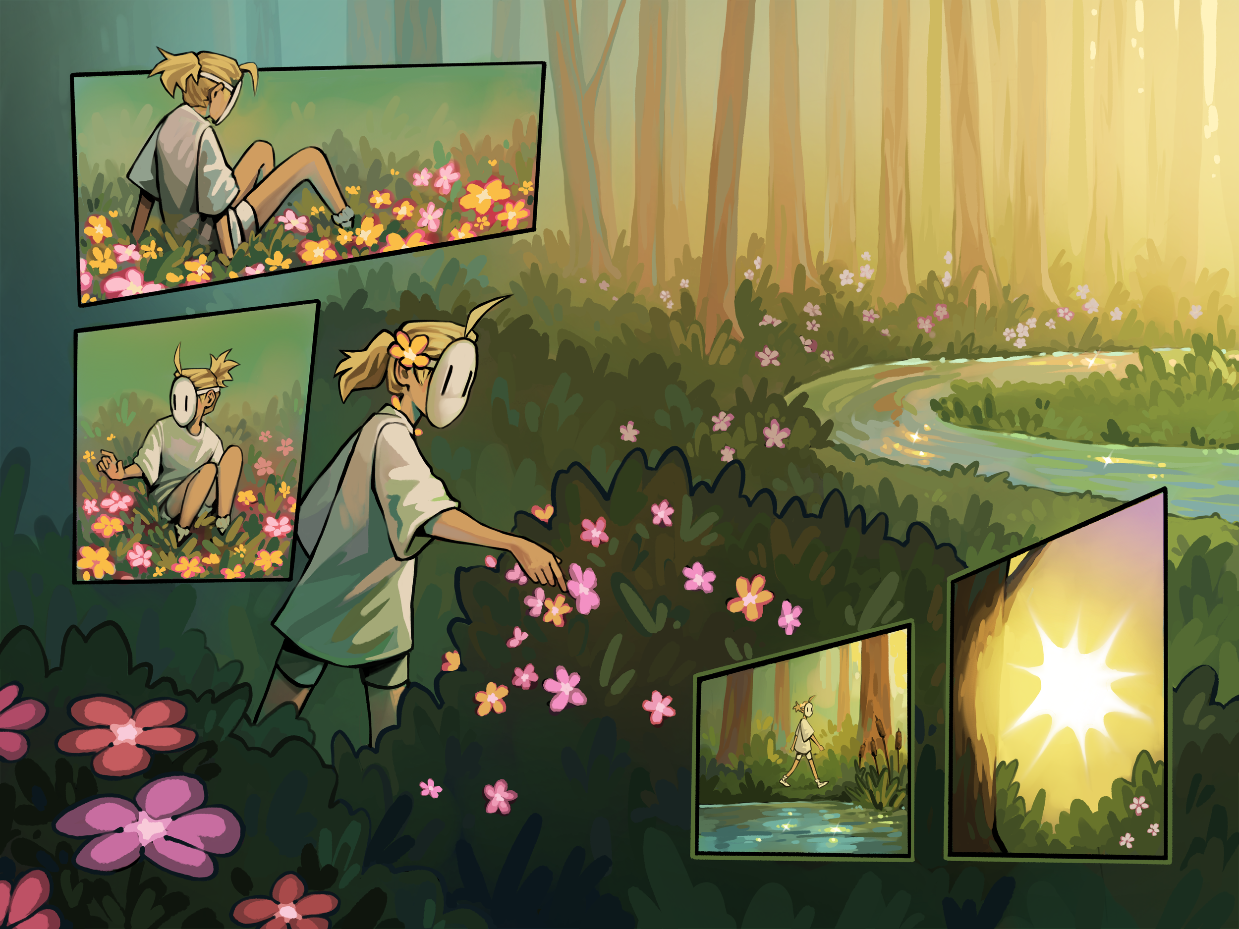 Little Miss Wonder walking through a vibrant meadow filled with pink and yellow flowers, with a river flowing nearby. She appears to be enjoying nature and the flowers.