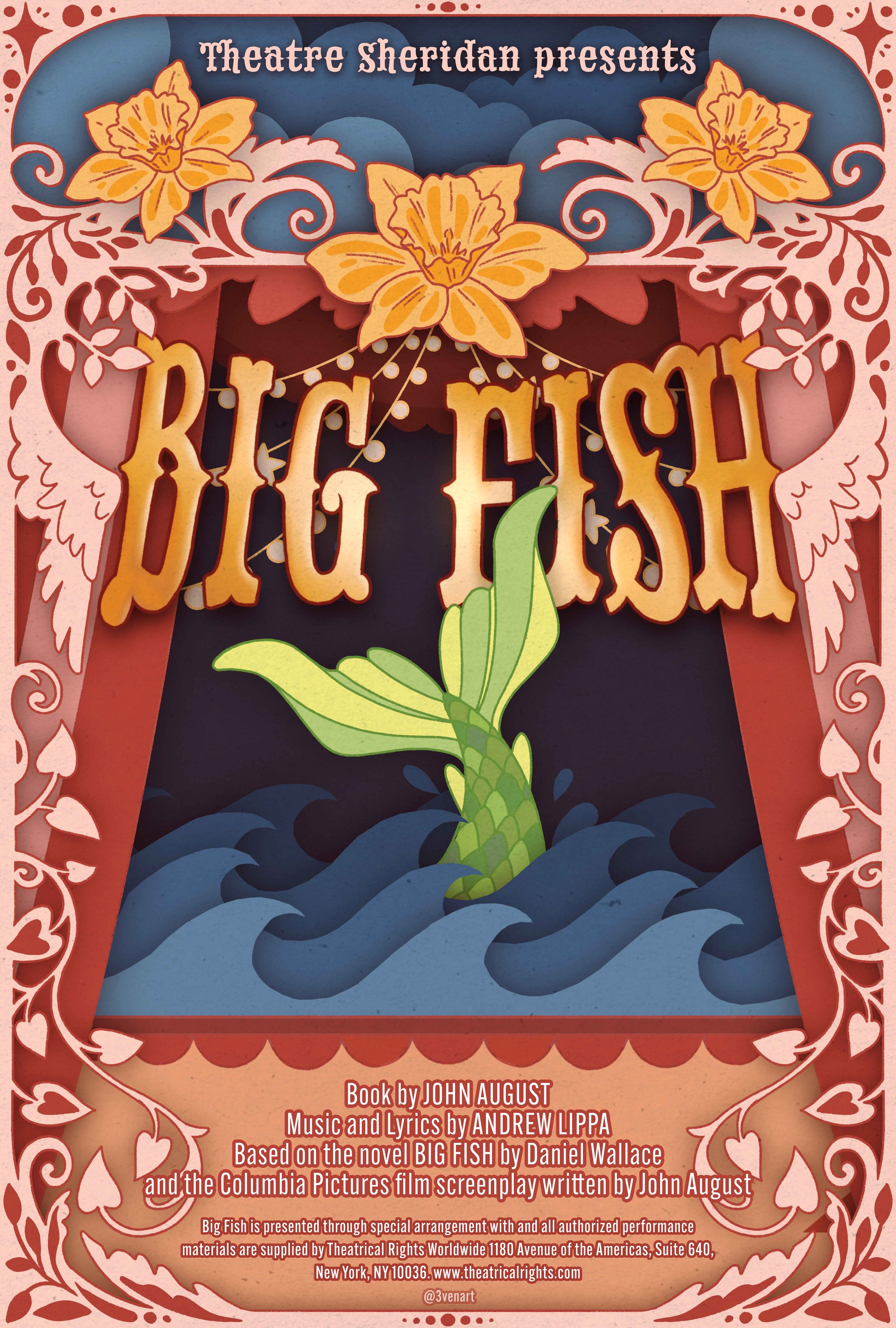 Poster for a theater production of 'Big Fish' presented by Theatre Sheridan, featuring a stylized illustration of a green fish tail emerging from water, surrounded by decorative flowers and ornate border elements.