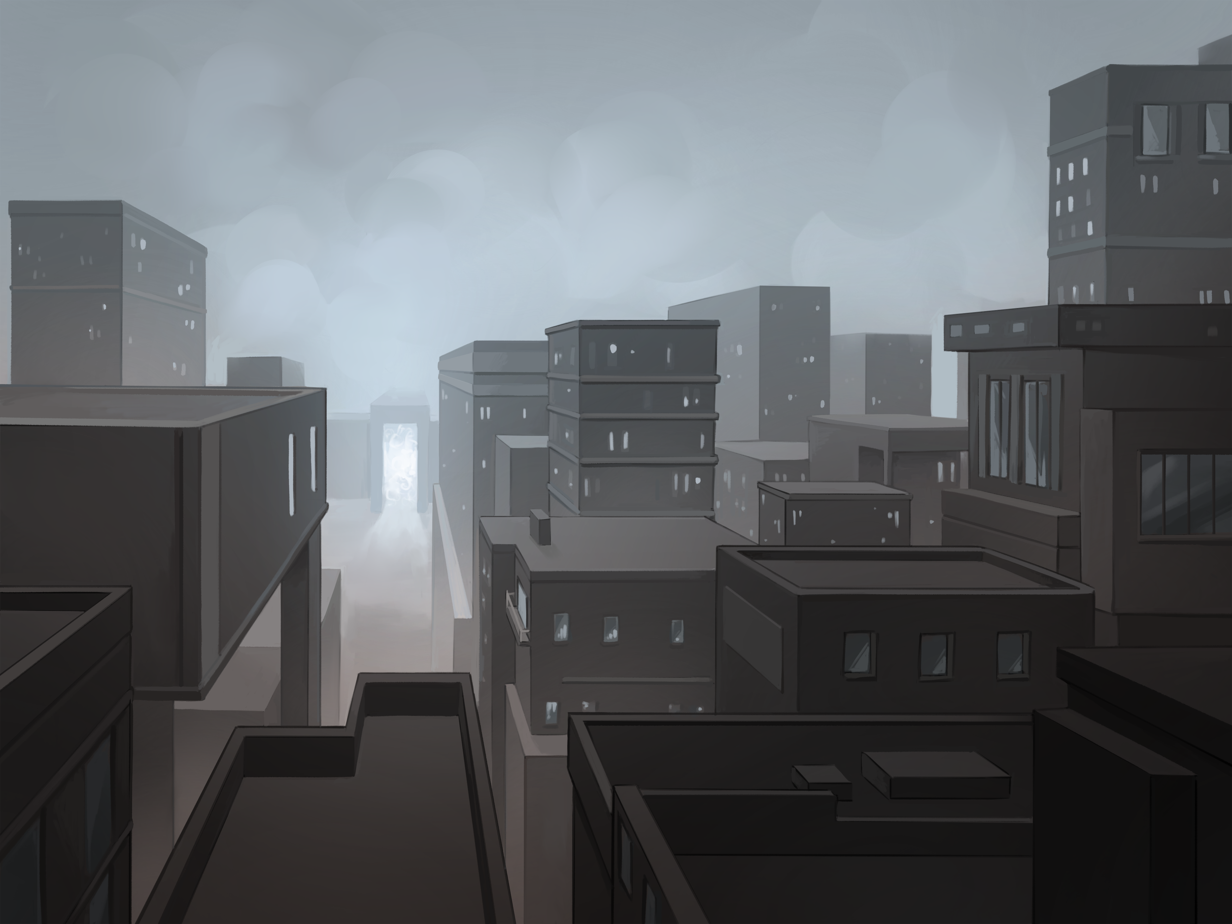 Digital illustration of a cityscape with tall gray buildings under a cloudy, foggy sky.