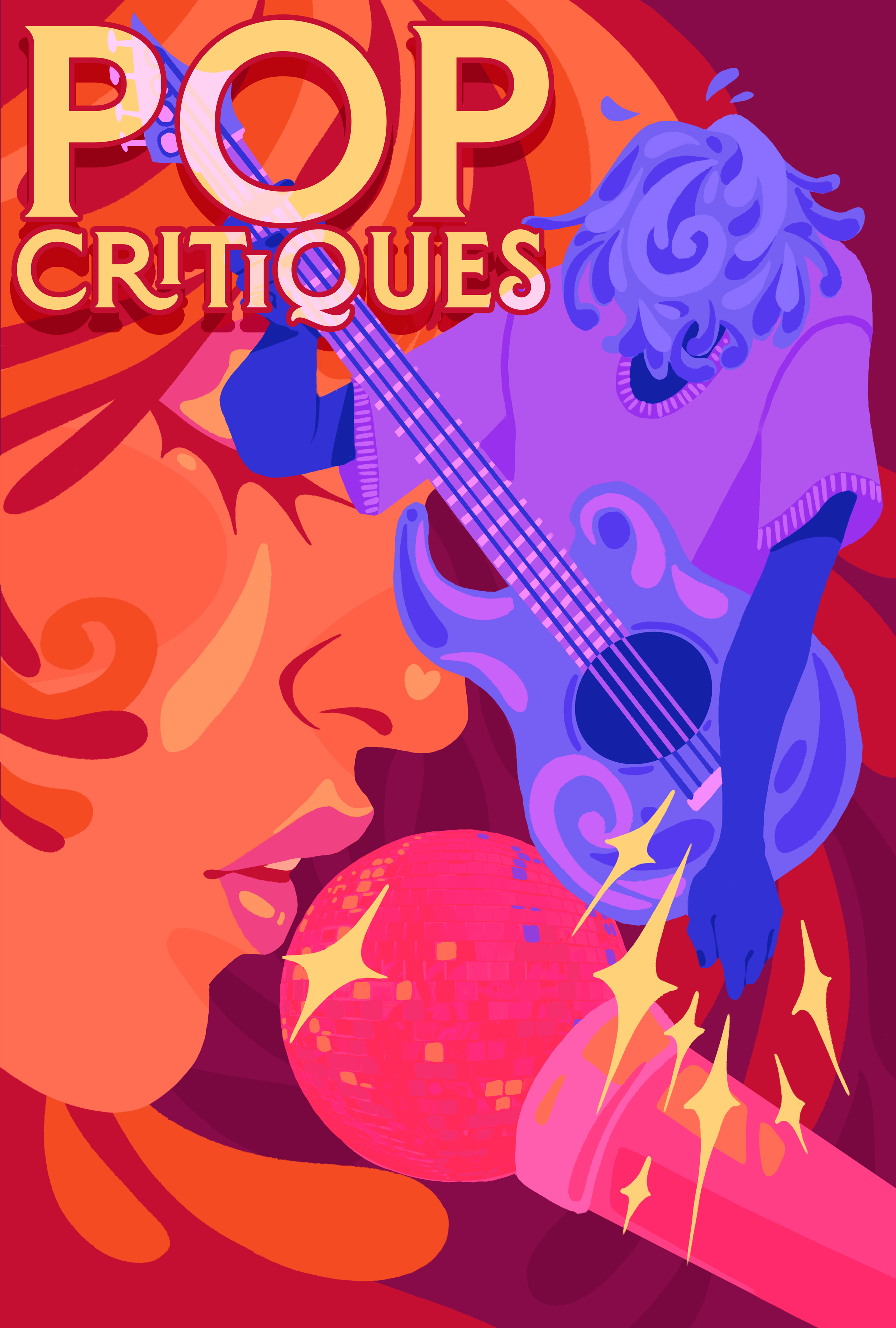 Colorful illustration of a woman singing into a microphone, a person playing a guitar, and vibrant background elements with the text 'Pop Critiques' at the top.