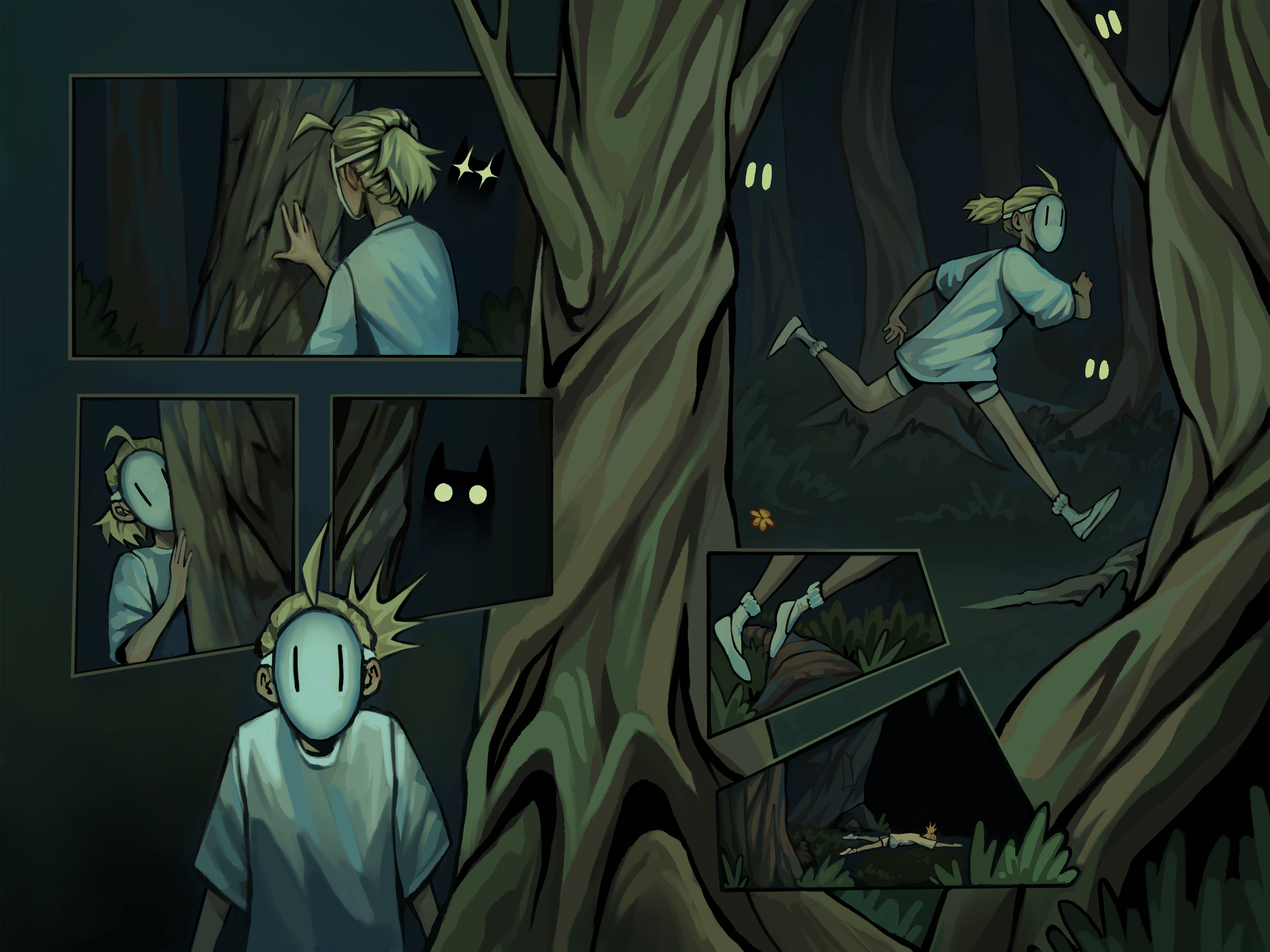 A comic-style illustration of a person with a faceless mask running through a dark forest, with creatures with glowing eyes watching from behind trees.