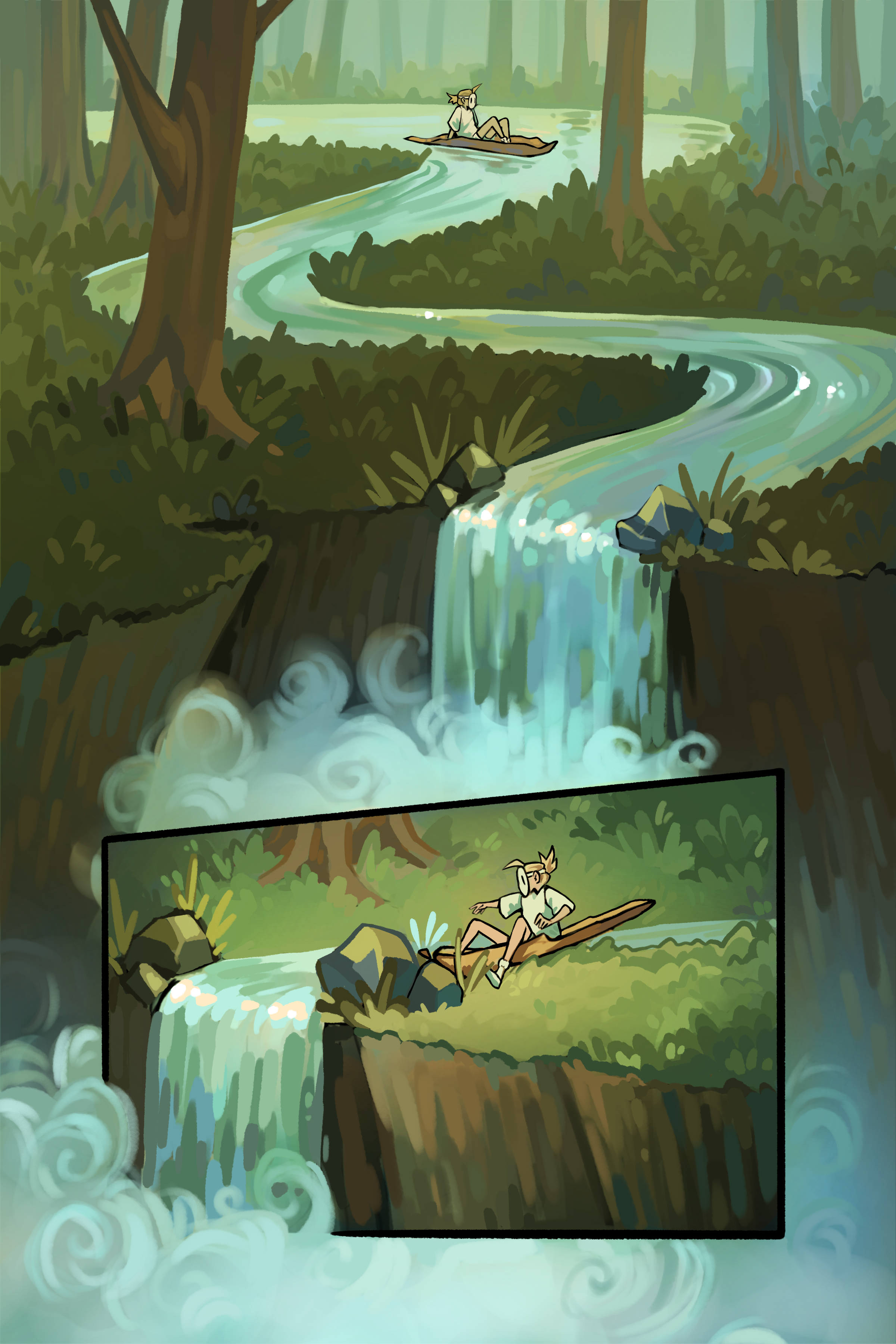 A scene of a forest with a river flowing over a small waterfall. Little Miss Wonder is sitting on a log in the river, floating towards a waterfall.